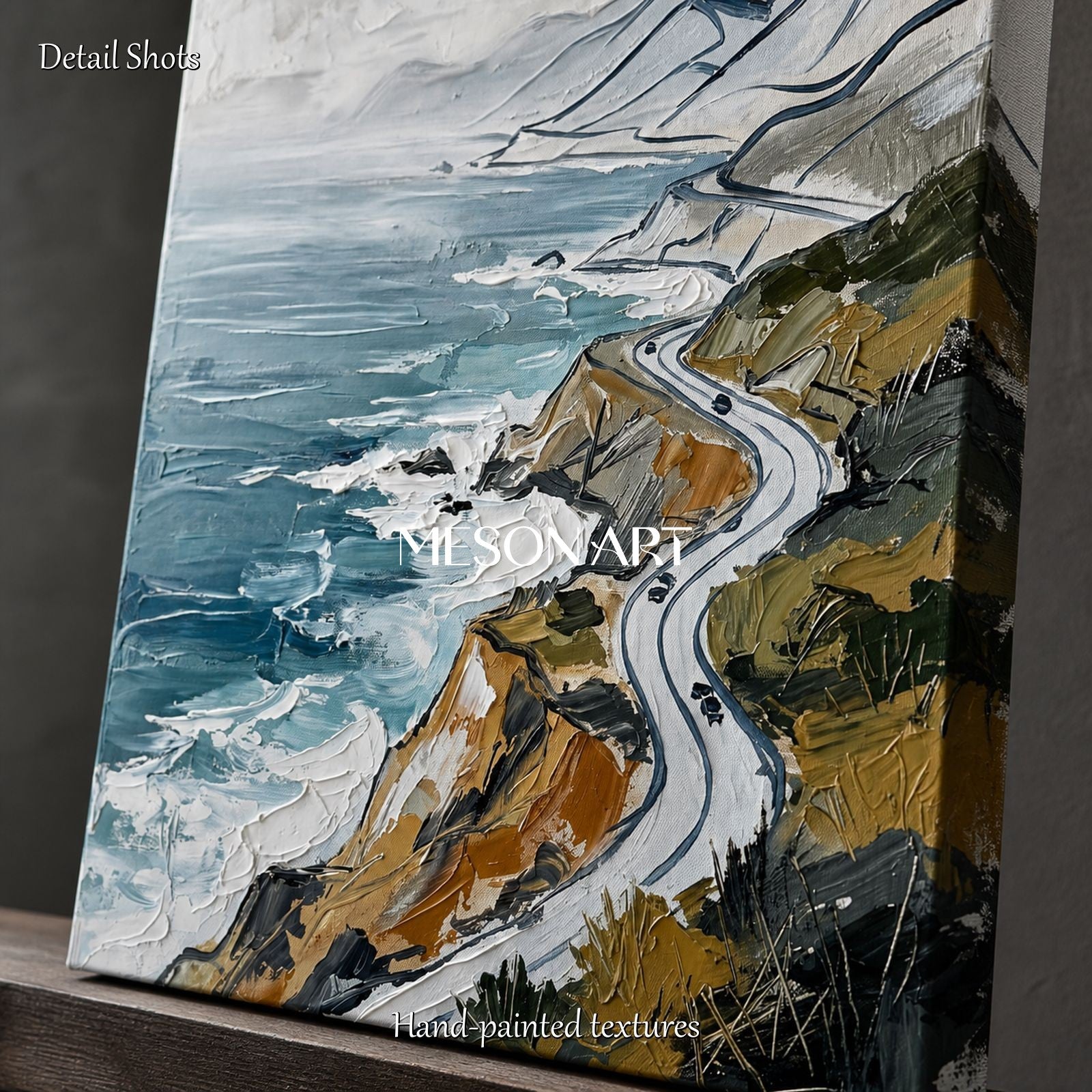 Blue And White Landscape Painting Modern Coastal Mountain Art Rectangular Wall Decor Original Artist By Mesonart