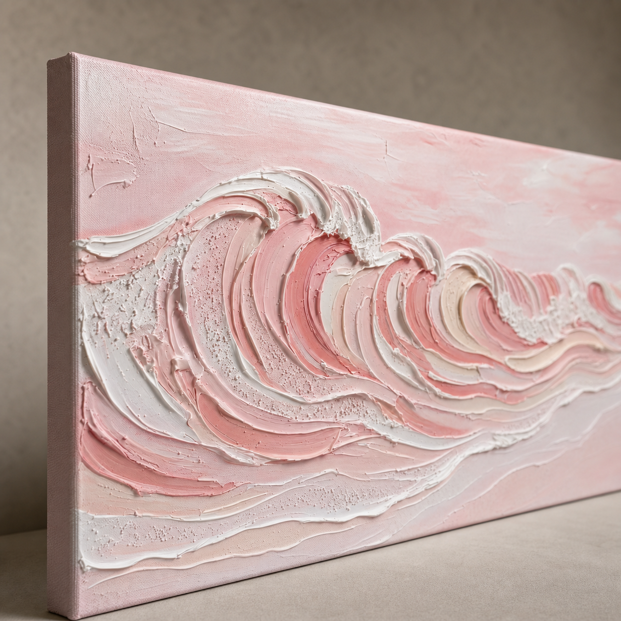 Large Pink Ocean Wave Painting Textured Abstract Art For Tranquil Living Room Decor