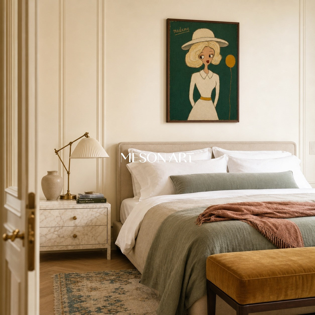 Elegant Fashion Lady Portrait Painting In Green And Gold For Bedroom Decor