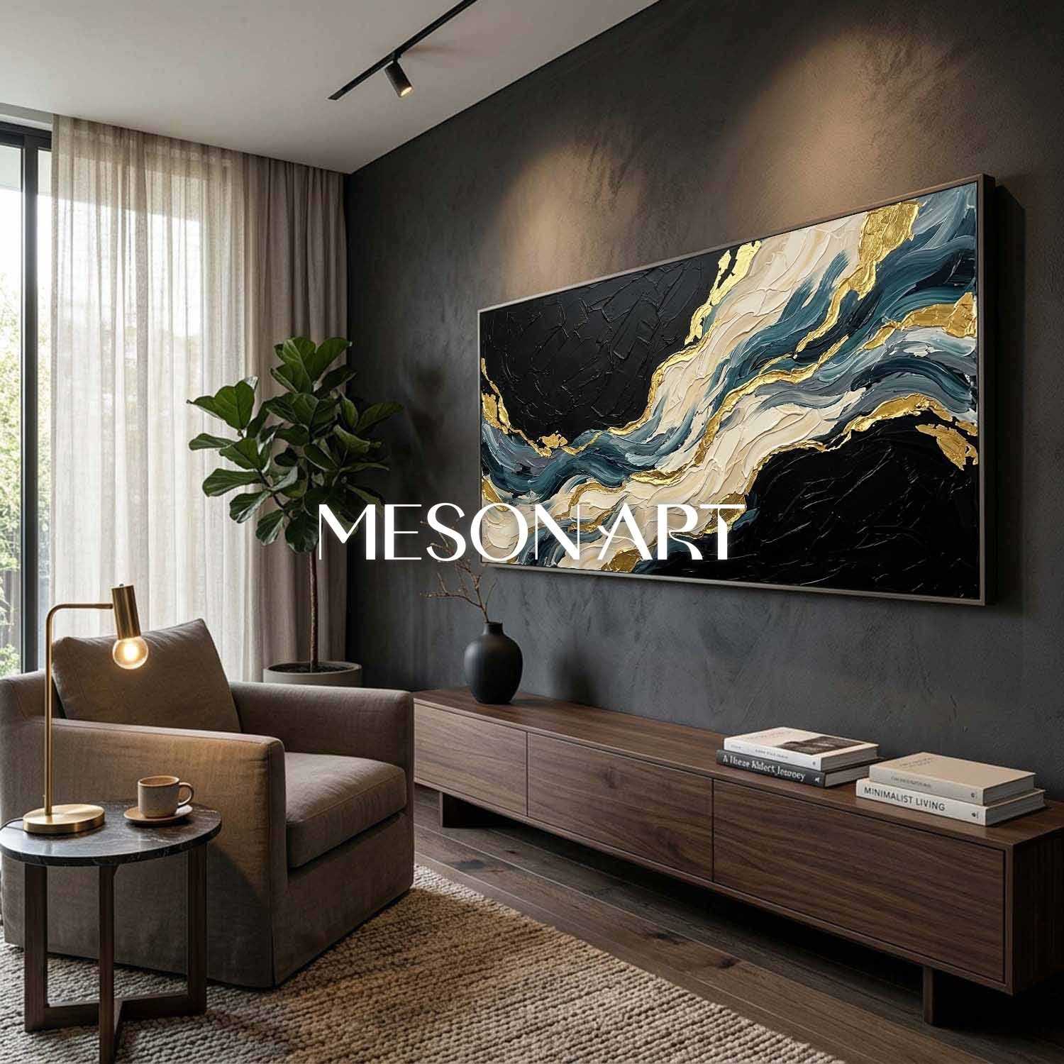 Abstract Plaster Texture Art With Gold Accents For Modern Living Room Decor