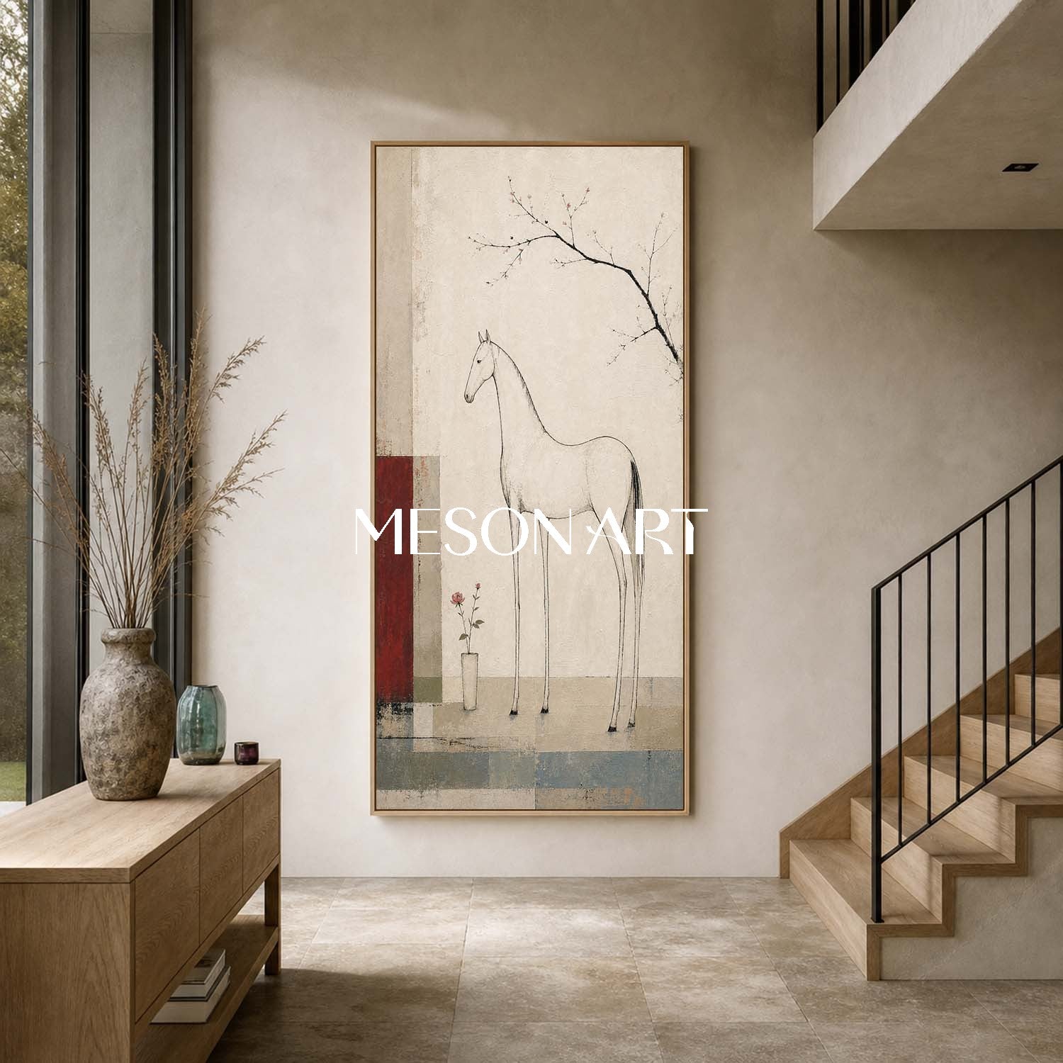 Minimalist Horse Painting In Beige And Red For Modern Living Room Entryway Decor