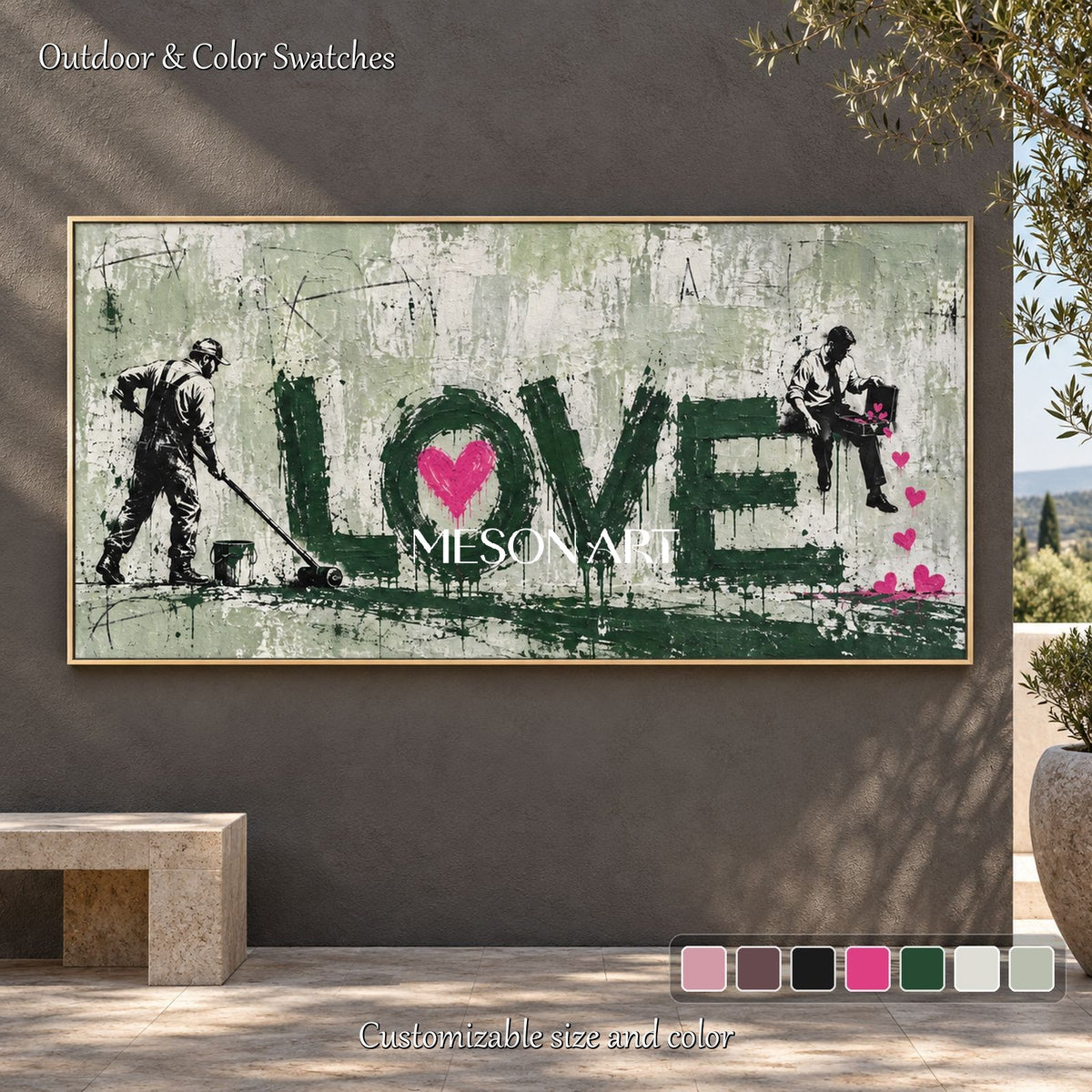 Green And Pink Abstract Graffiti Painting Hand Painted Neo Expressionist Panoramic Wall Art By Mesonart