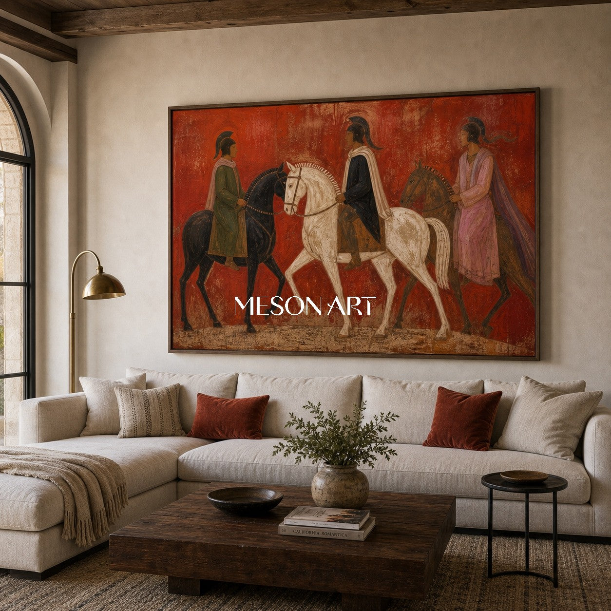Ancient Equestrian Art With Red Background For Modern Living Room Decor