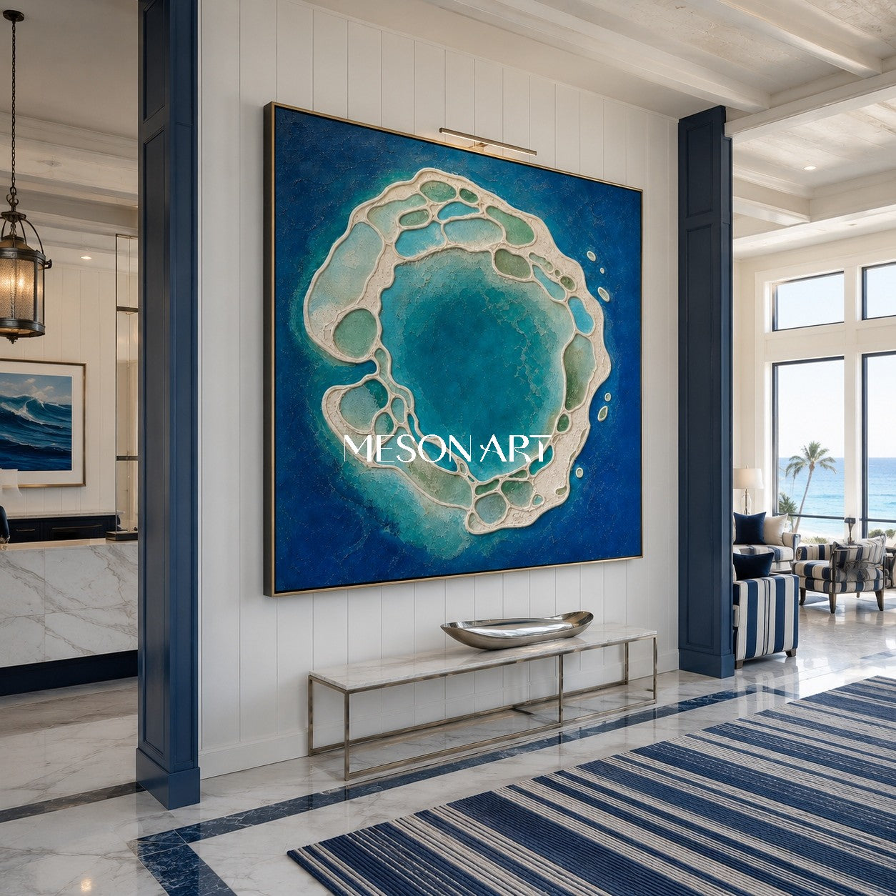 Azure Lagoon Abstract Art With Textured Relief For Modern Spa Bathroom And Living Room Wall Decor