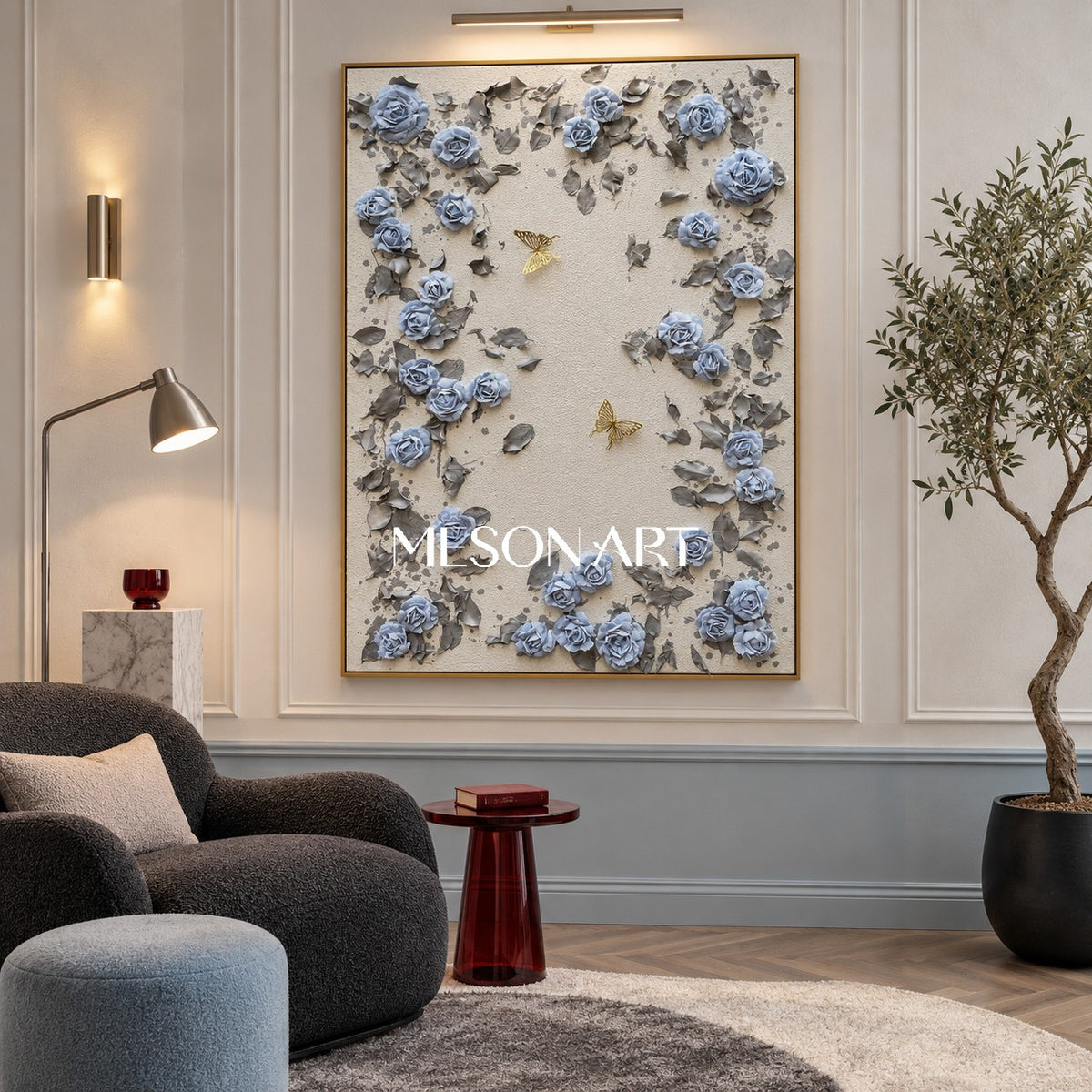 Blue And Gray Botanical Painting Original Hand Painted Modern Organic Wall Art Rectangular Canvas By Mesonart