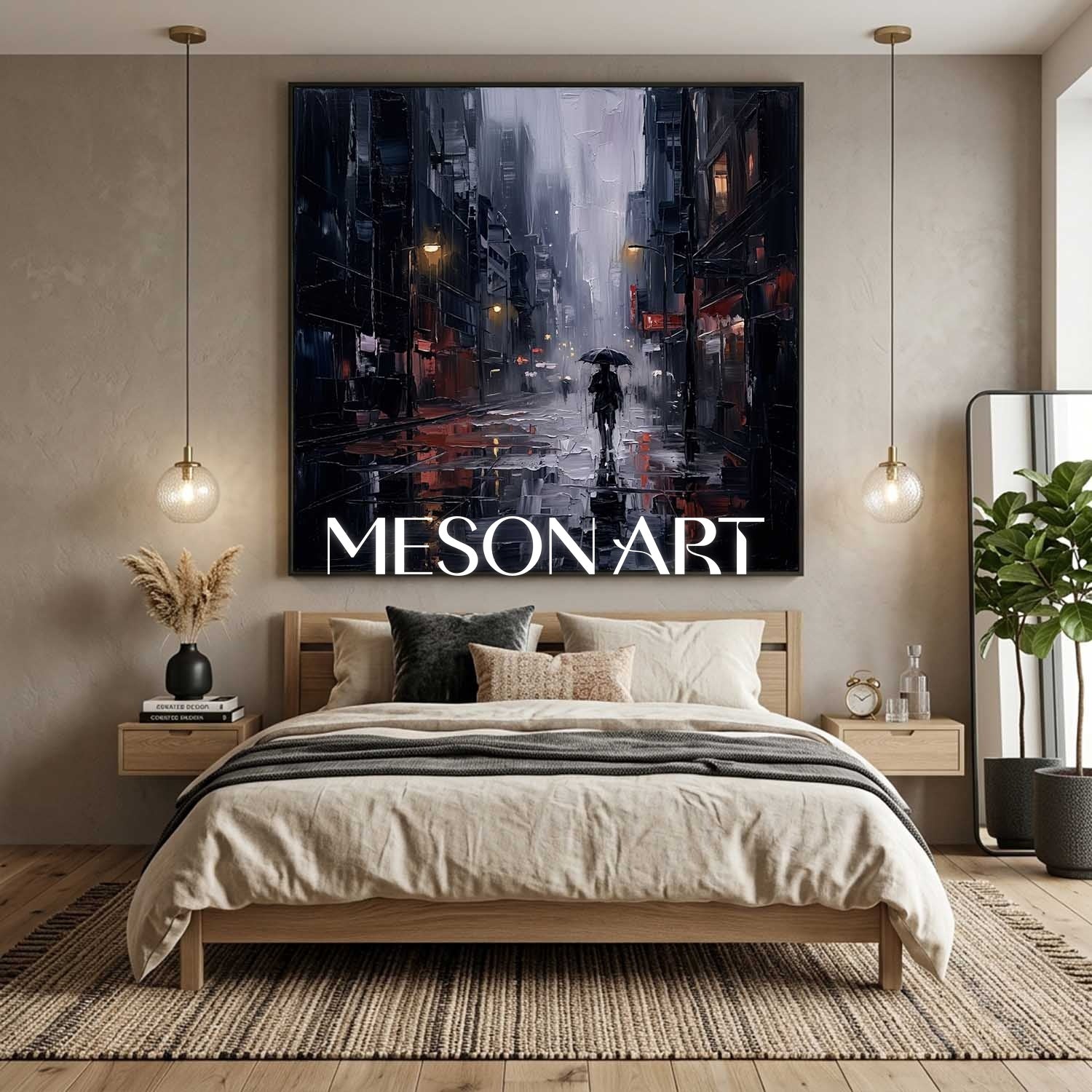Abstract Cityscape Painting With Textured Plaster Finish For Industrial Loft Living Room