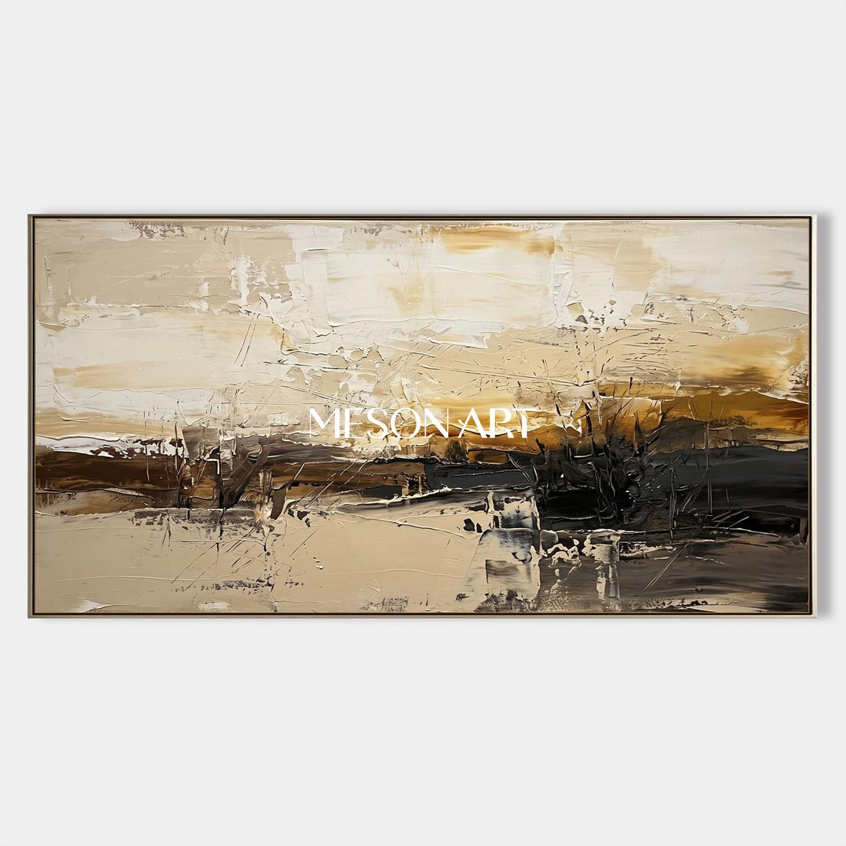 Beige And Black Abstract Landscape Painting Panoramic Wall Art For Living Room By Mesonart