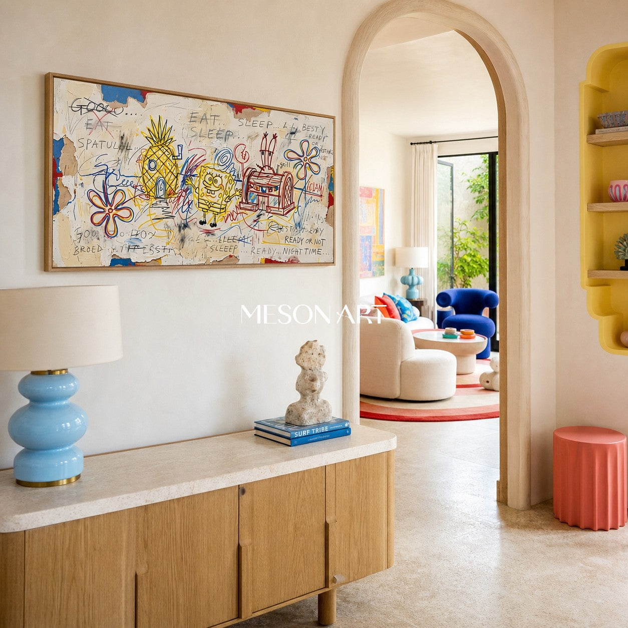 Yellow And Blue Pop Art Graffiti Painting Panoramic Wall Decor For Living Room By Mesonart