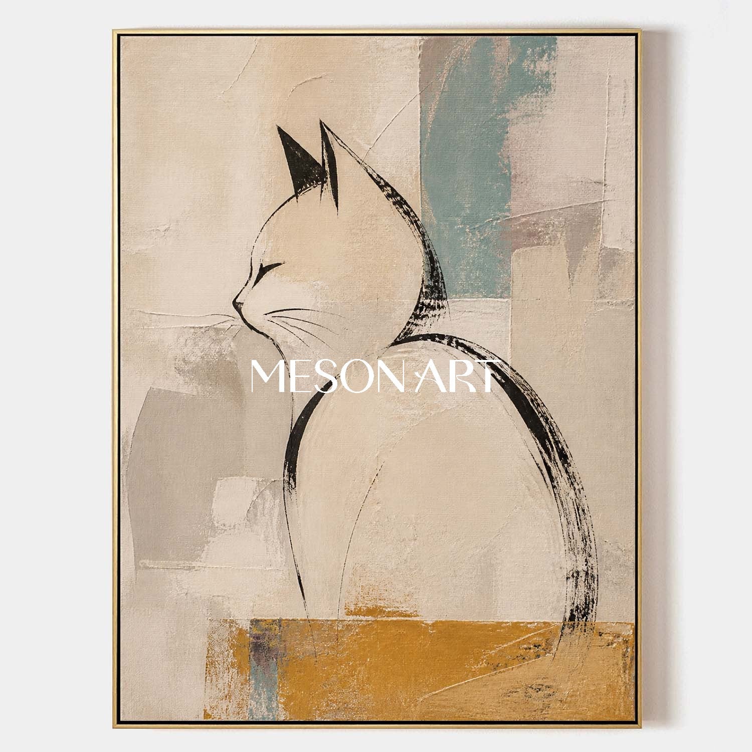 Minimalist Cat Wall Art In Beige And Black For Living Room Bedroom Decor