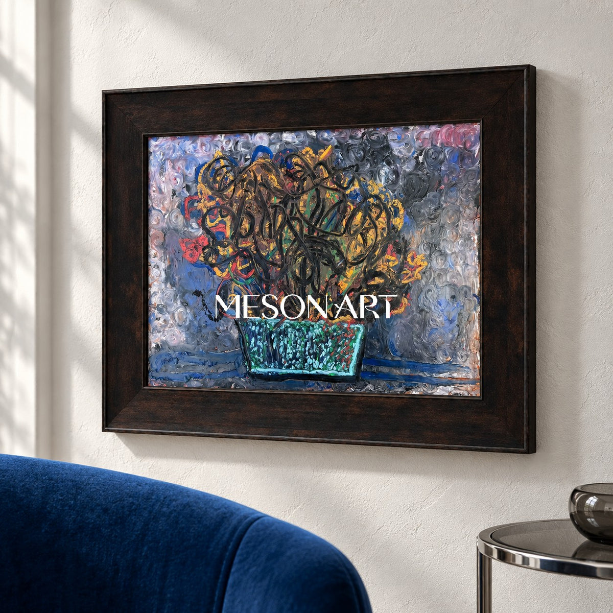 Blue And Gold Abstract Painting Original Artist Hand Painted Expressionist Artwork Rectangular Wall Decor For Living Room By Mesonart