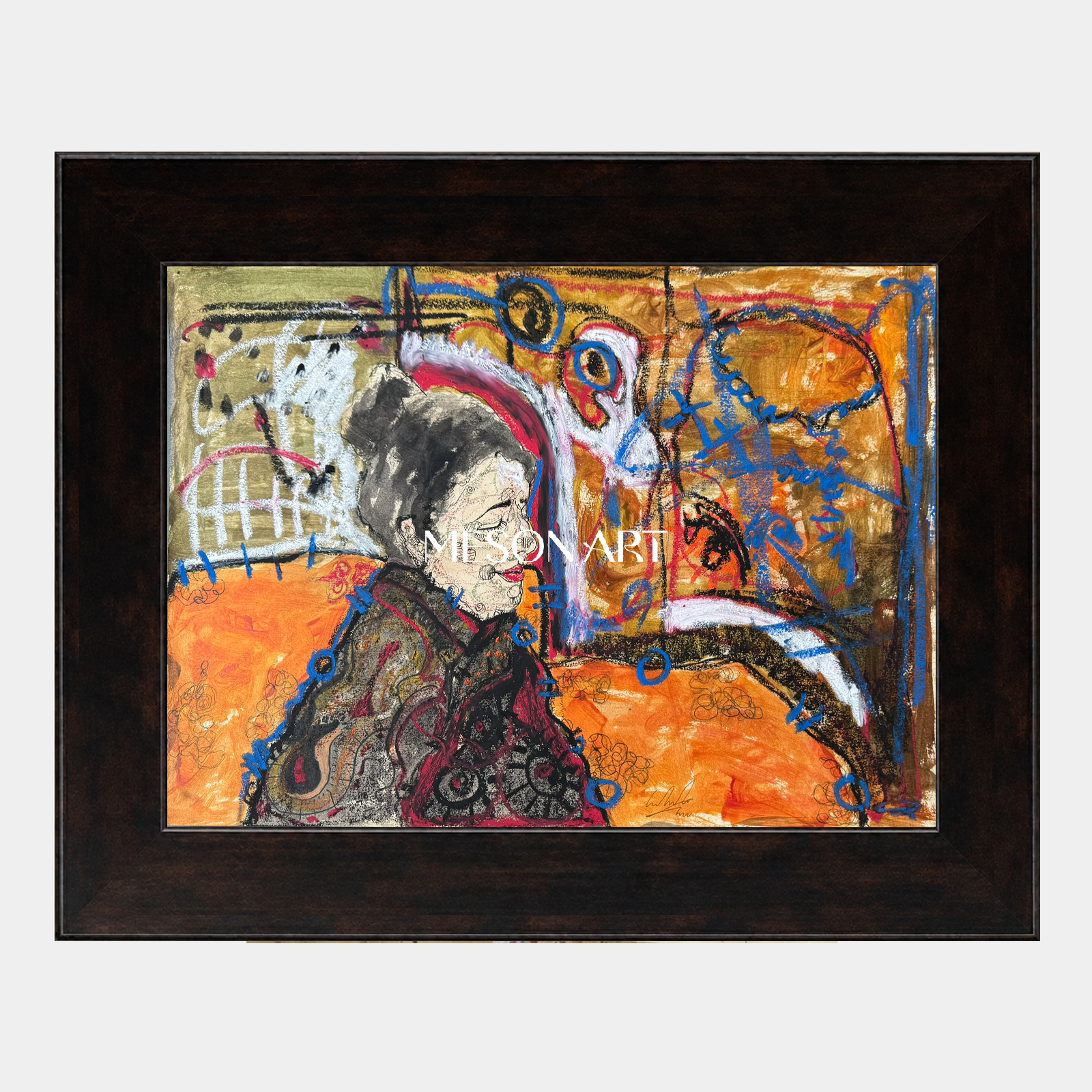 Orange And Black Figurative Painting Contemporary Original Artwork Rectangular Wall Art Gallery Collectible Fine By Mesonart