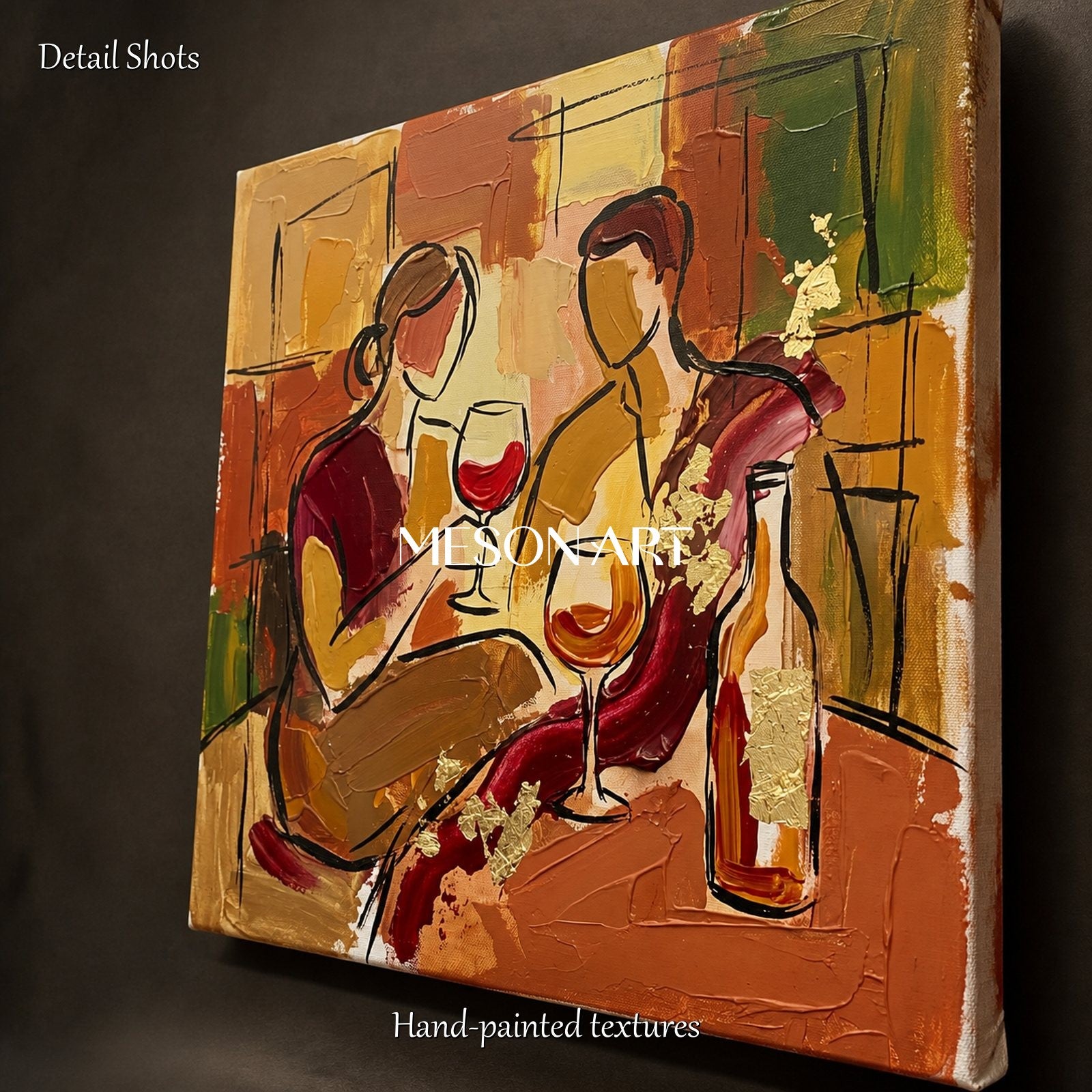 Red And Gold Wine Tasting Art Contemporary Painting Square Wall Decor For Dining Room By Mesonart