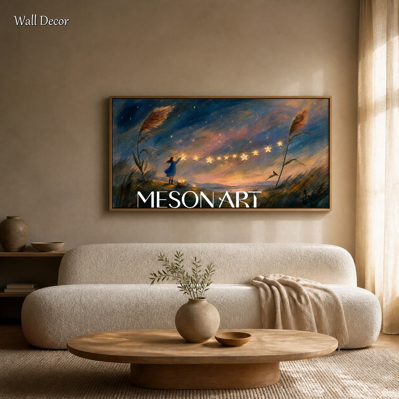 Blue And Gold Stars Whimsical Girl Fantasy Art Panoramic Wall Decor For Bedroom By Mesonart