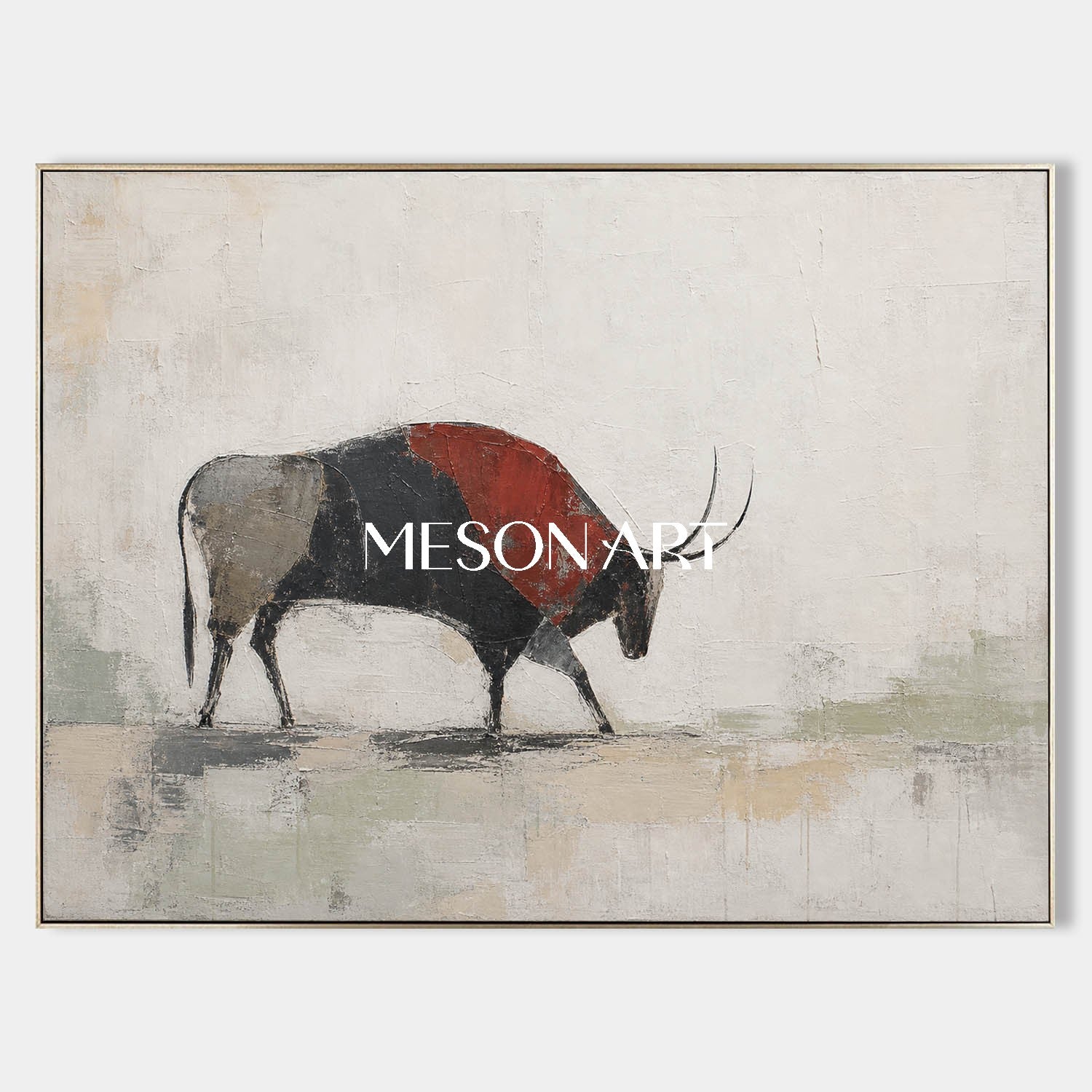 Minimalist Abstract Bison Painting In Beige And Black For Modern Living Room Wall Decor