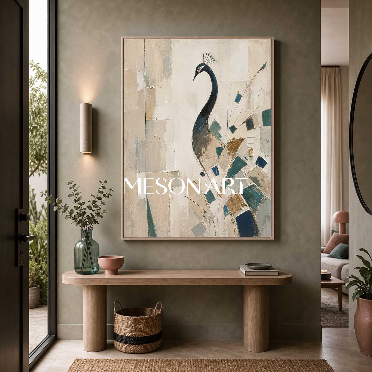 Art Deco Peacock Painting Abstract Geometric Animal Wall Art For Modern Living Room Entryway Decor