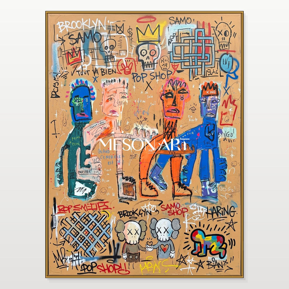 Brown And Blue Graffiti Art Contemporary Wall Decor Rectangular Original Artist Hand Painted By Mesonart