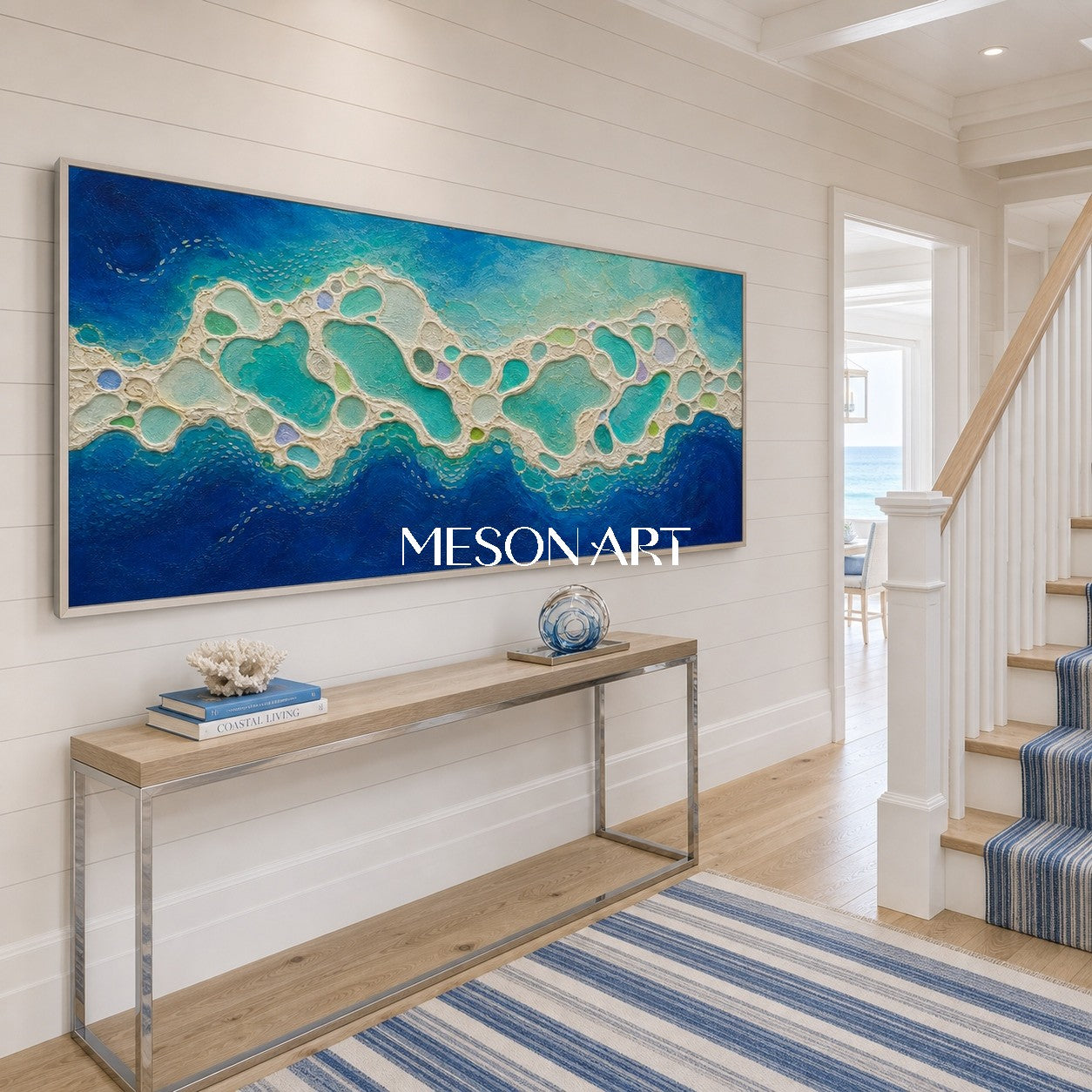 Large Blue Abstract Ocean Painting Textured Wall Art For Modern Living Room Decor