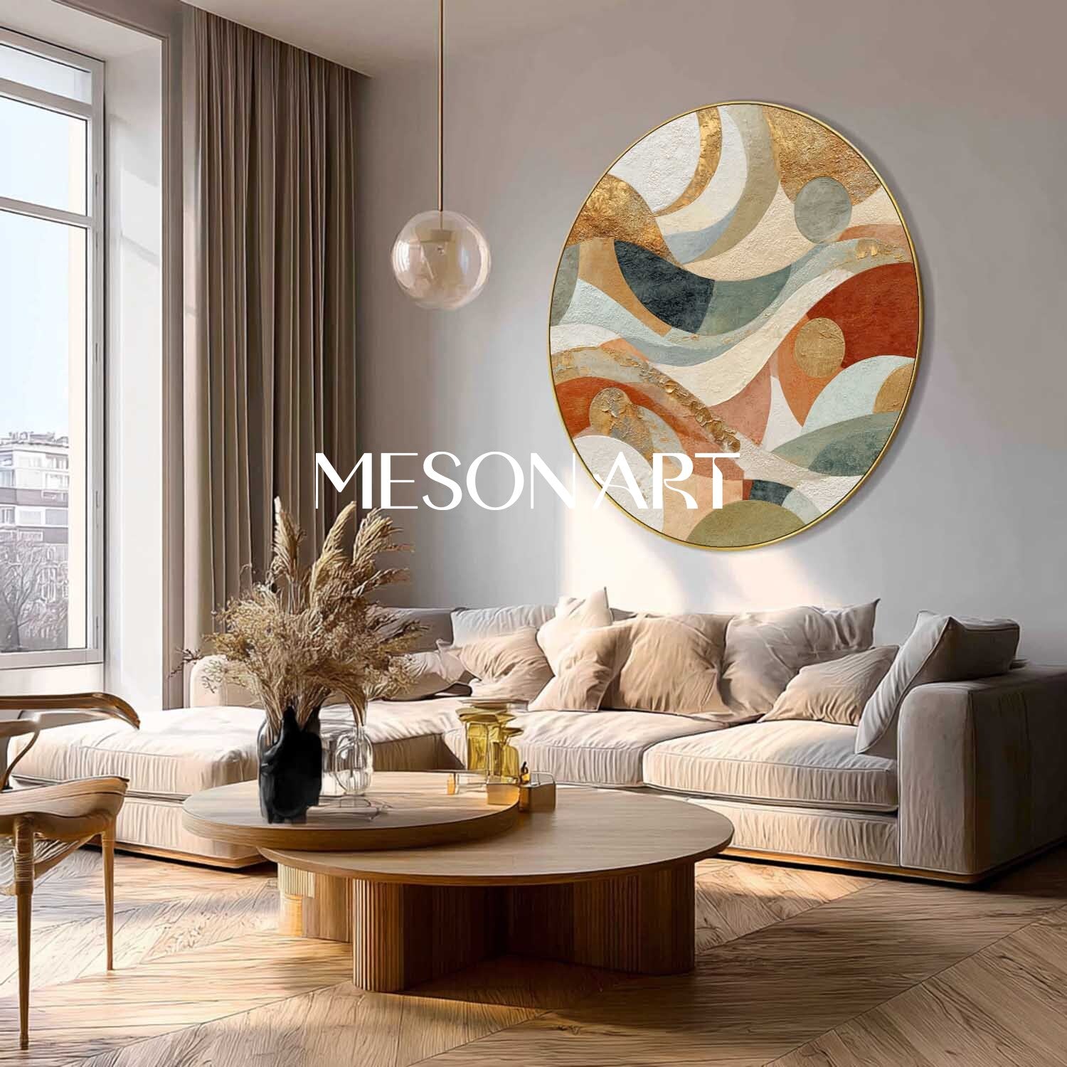 Bauhaus Geometric Abstraction – Textured Round Canvas in Earthy Tones