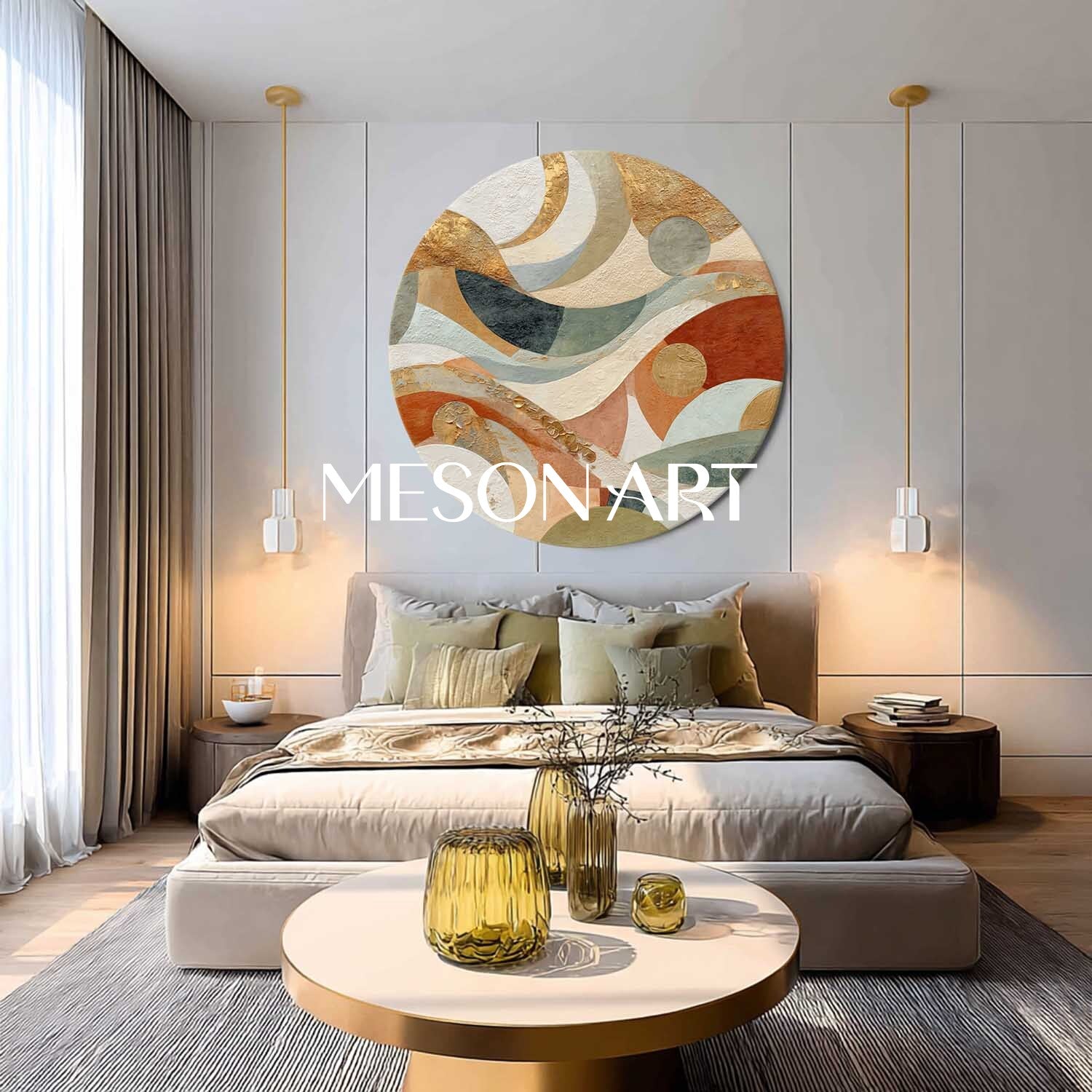 Bauhaus Geometric Abstraction – Textured Round Canvas in Earthy Tones