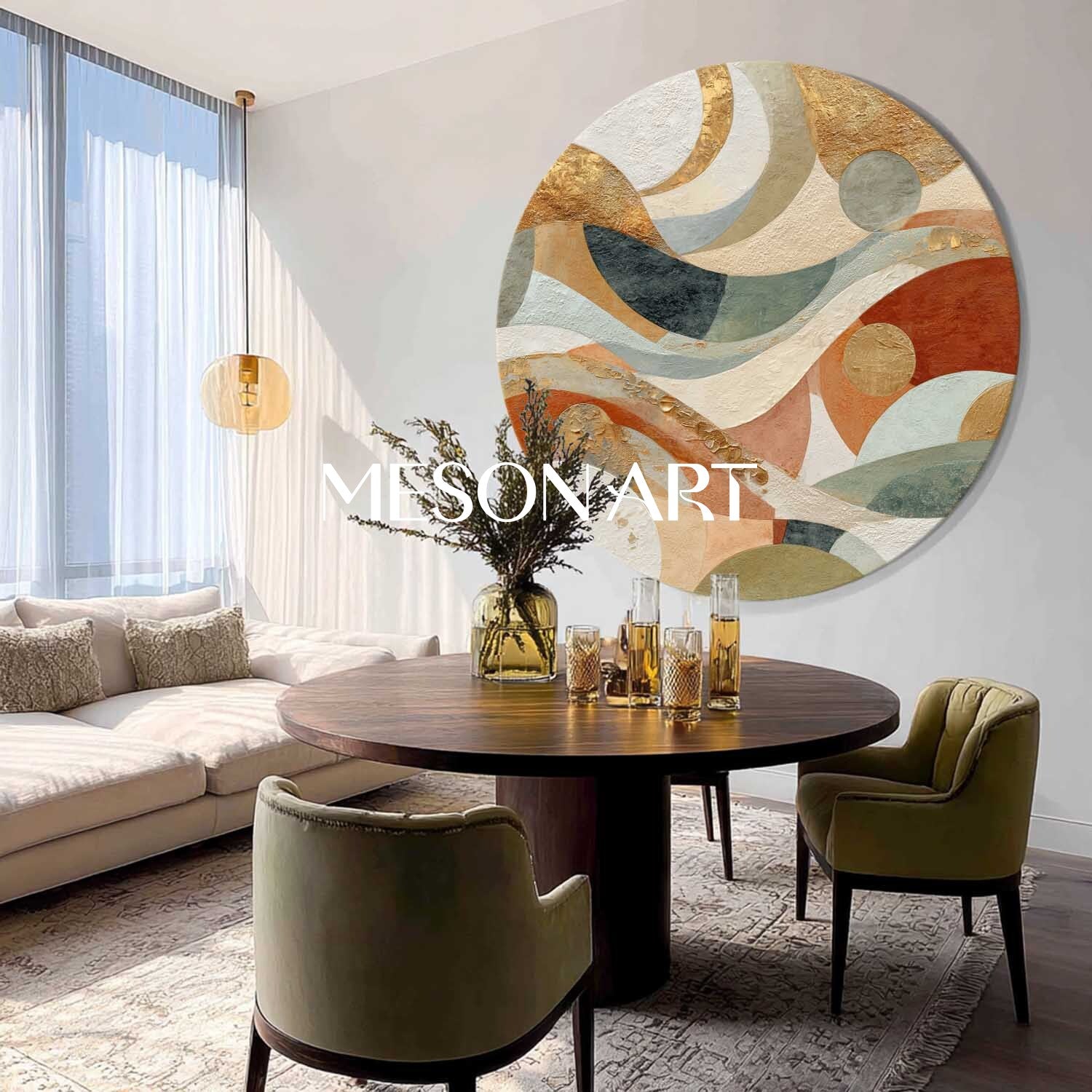 Bauhaus Geometric Abstraction – Textured Round Canvas in Earthy Tones