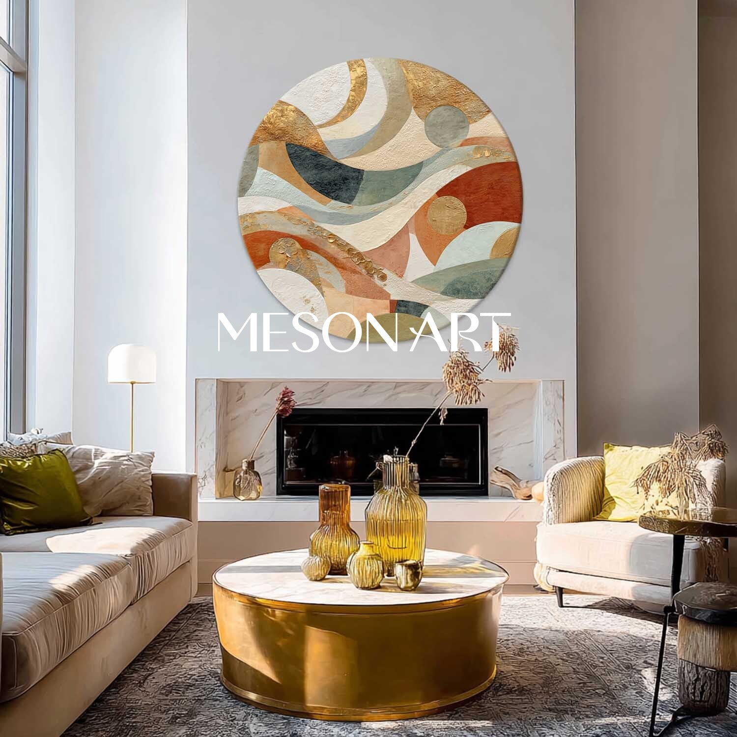 Bauhaus Geometric Abstraction – Textured Round Canvas in Earthy Tones