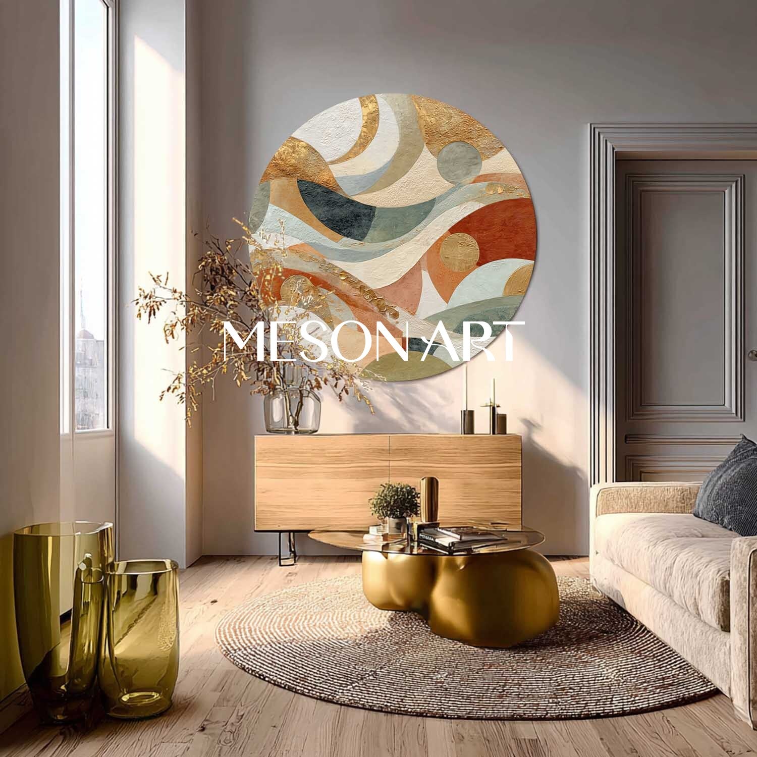 Bauhaus Geometric Abstraction – Textured Round Canvas in Earthy Tones