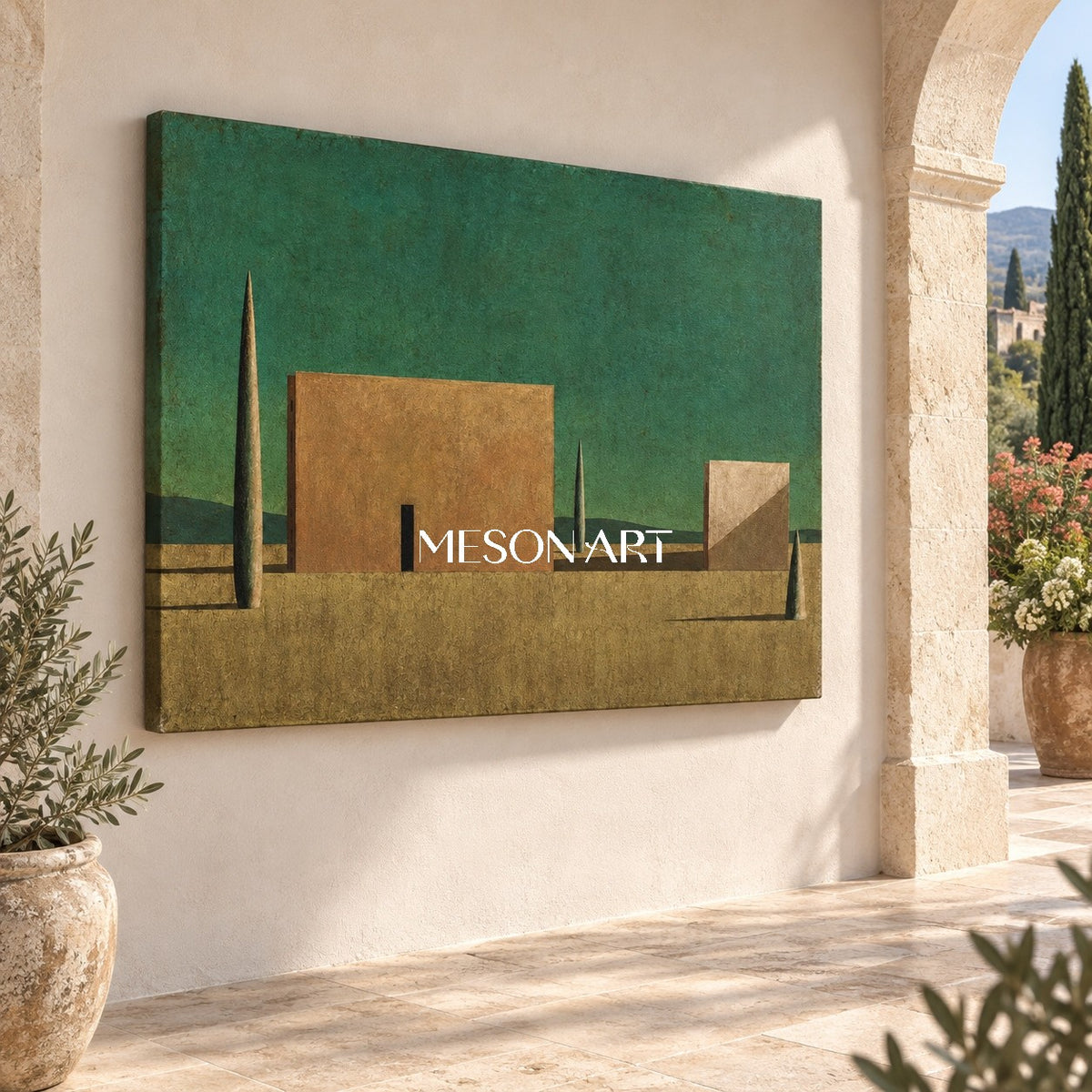 Green And Brown Surrealist Metaphysical Art Rectangular Architectural Painting For Living Room By Mesonart
