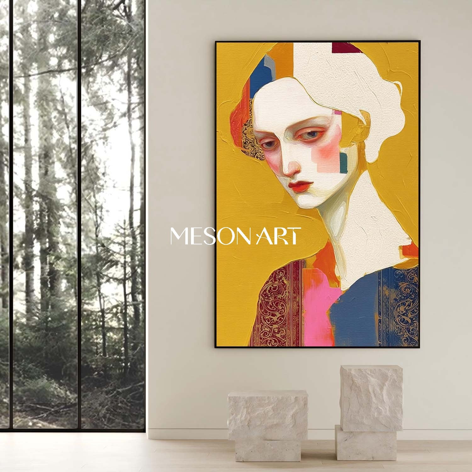 Gelb Zeitgenössische handgemachte Malerei gerahmt Esszimmer Wandkunst