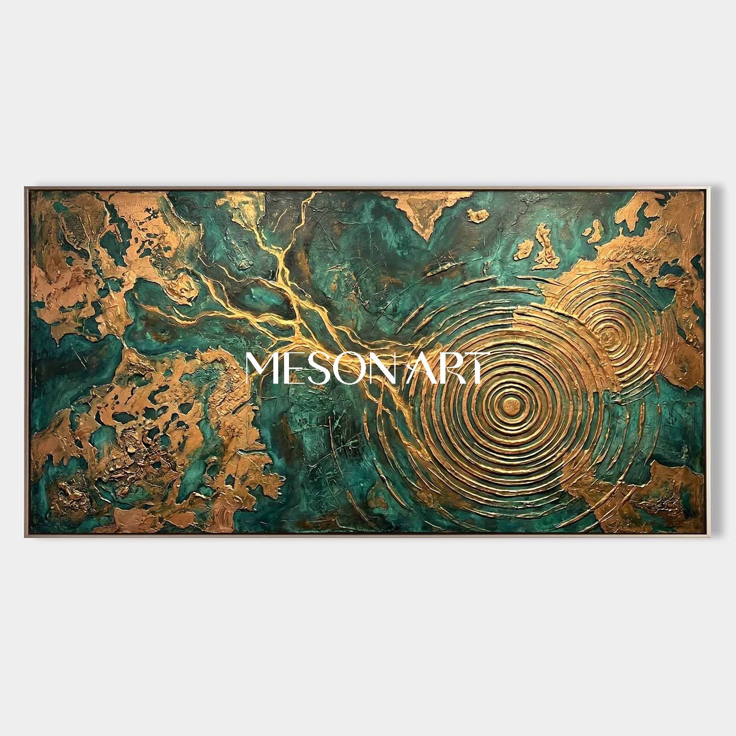 Large Green And Gold Abstract Painting With Textured Relief For Modern Living Room Decor