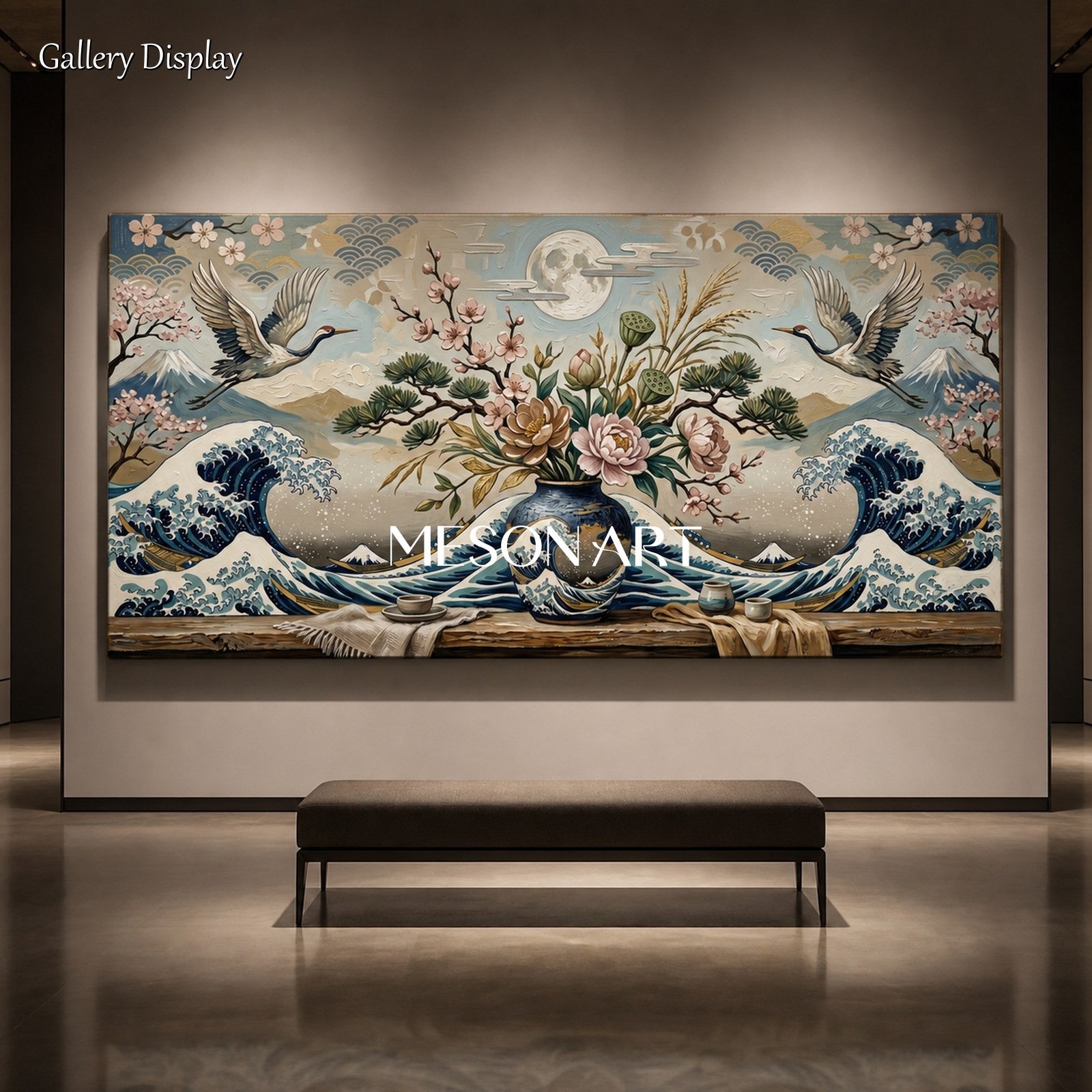 Contemporary Ukiyo-E Wall Art With Waves Cranes And Cherry Blossoms For Living Room Decor