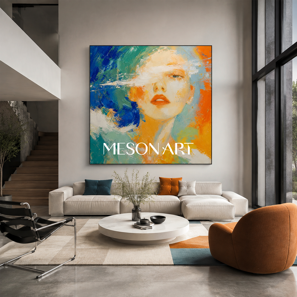 Blue And Orange Abstract Portrait Painting Colorful Contemporary Modern Woman Original Oil On Canvas Square Wall Art By Mesonart