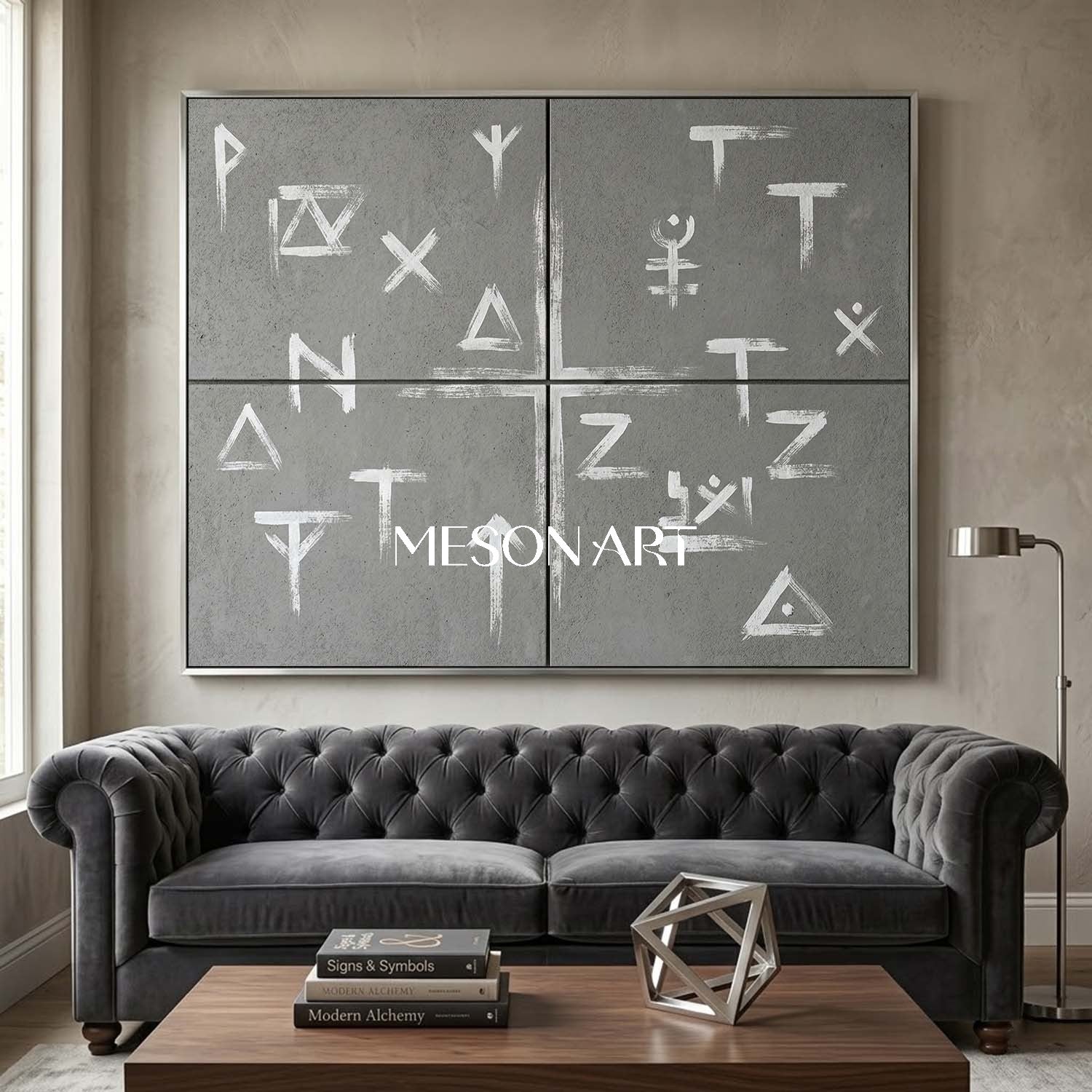 Large Industrial Style Original Gray Canvas oncrete Rune Art Painting