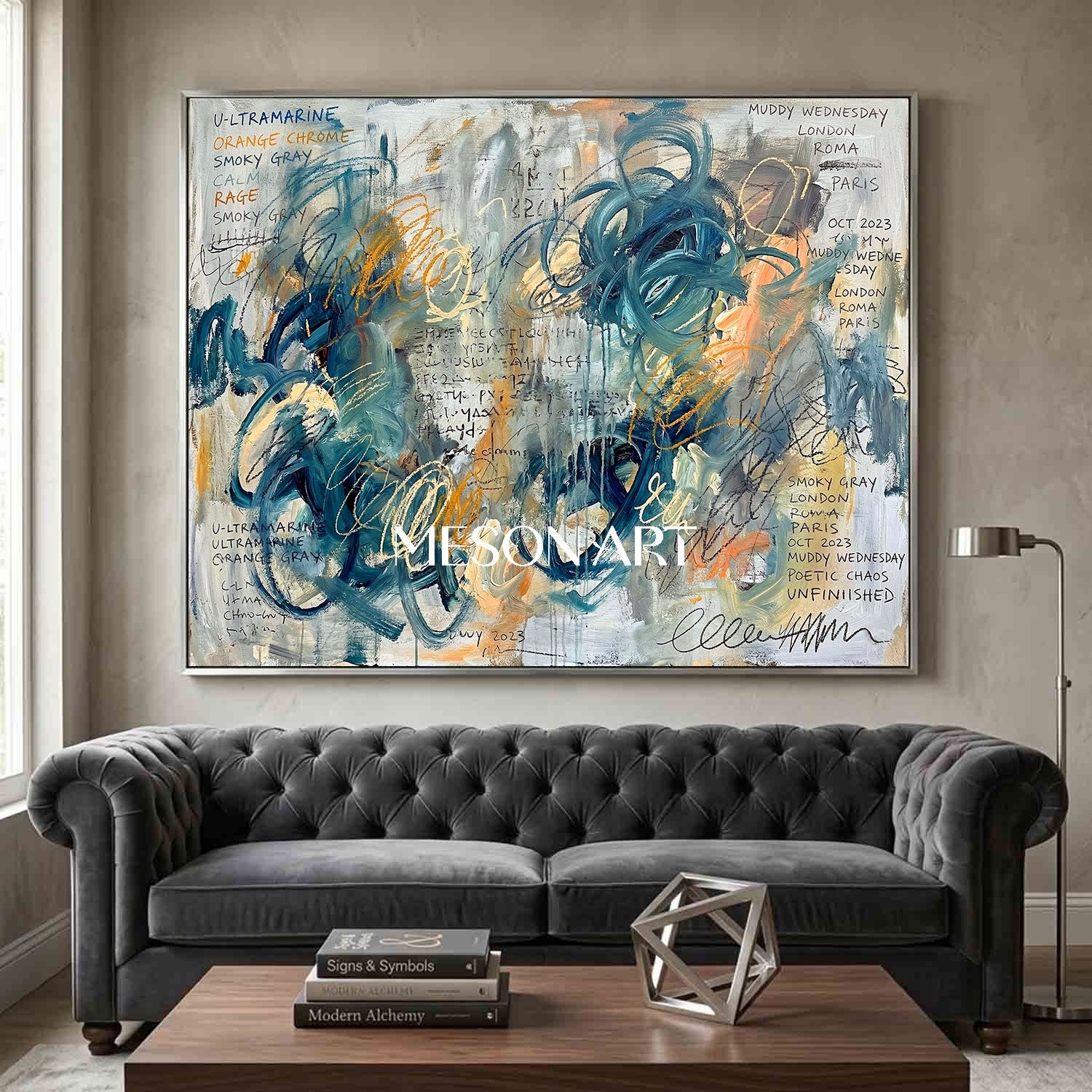 Original Framed Large Canvas Ultramarine Abstract Art For Living Room