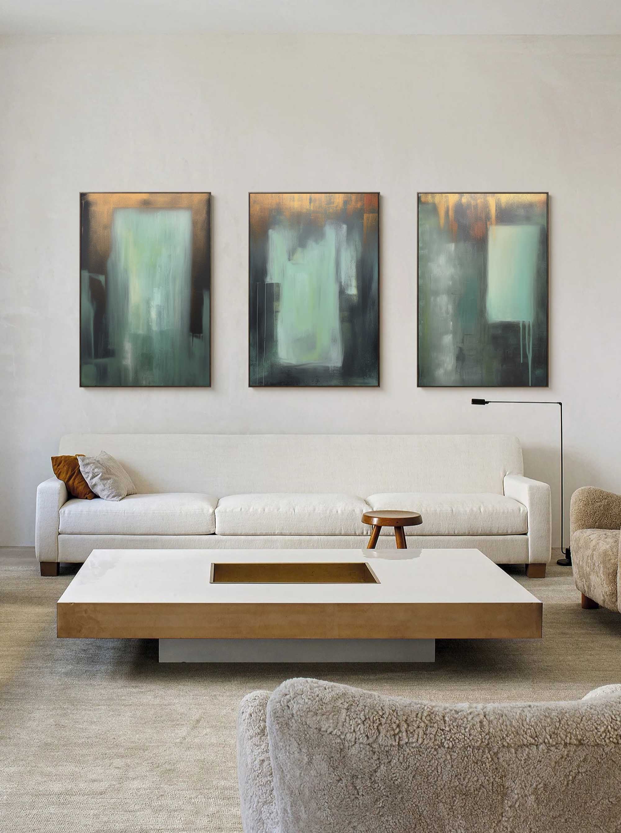 Green and Gold Minimalist Art 3 Piece Set Wabi-Sabi Wall Art Green and Gold Canvas Wall Art