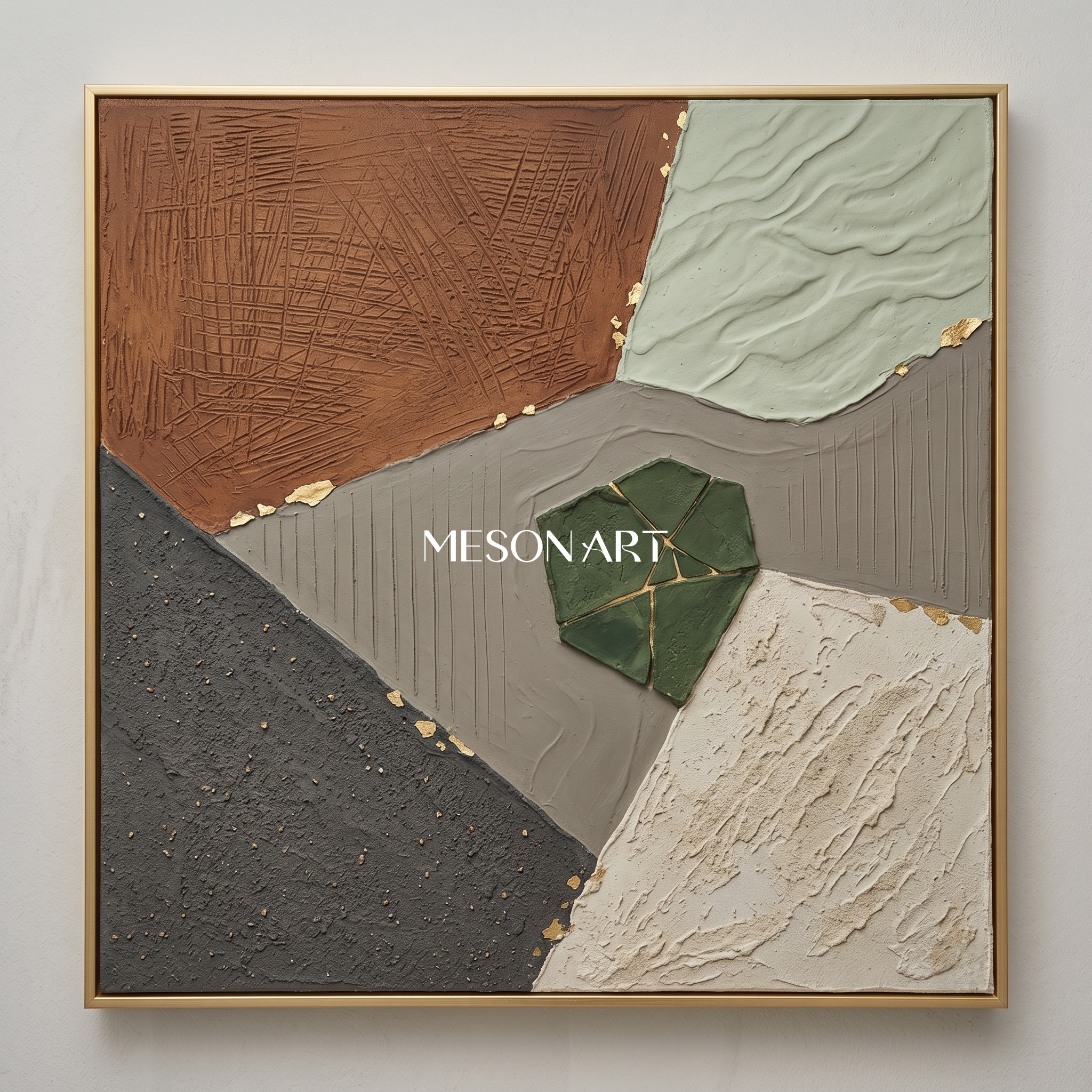 Brown Minimalist Abstract Painting With Gold Texture For Modern Living Room Decor