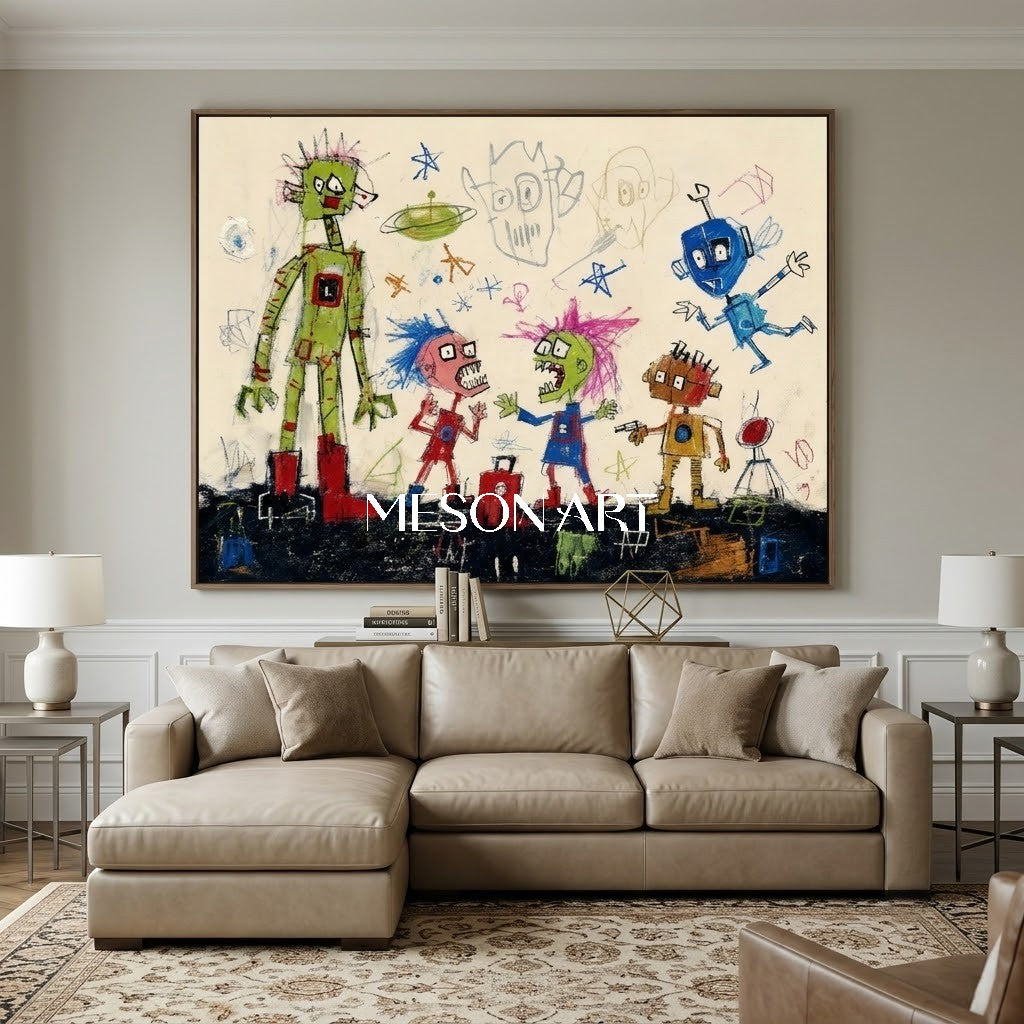 Vibrant Pop Art Graffiti Painting With Cartoon Characters For Modern Living Room Decor