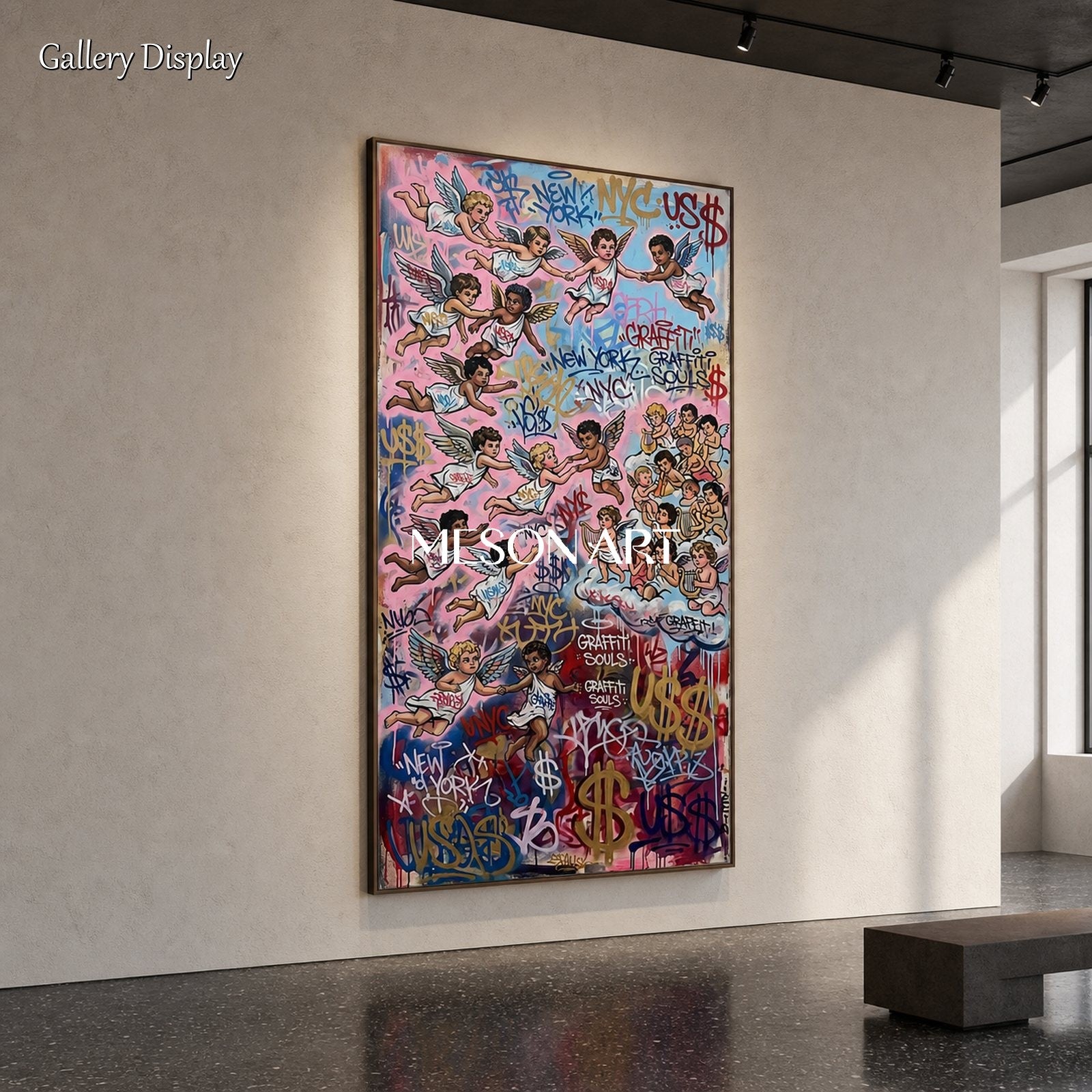 Pink And Gold Graffiti Art Panoramic Wall Decor For Living Room Original Artist Hand Painted By Mesonart