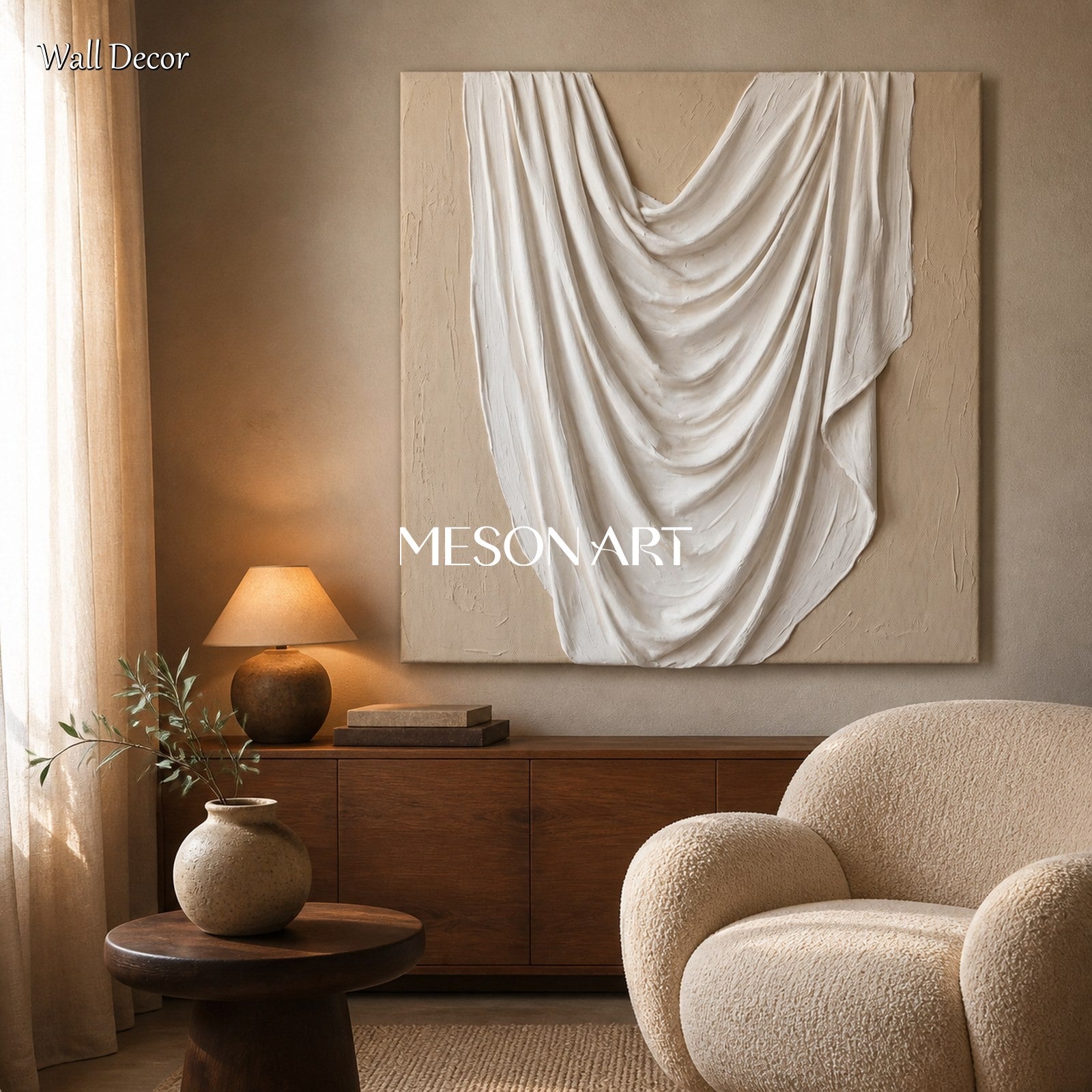 Beige And White Sculptural 3D Textured Wall Art Square Organic Modern Canvas Painting By Mesonart