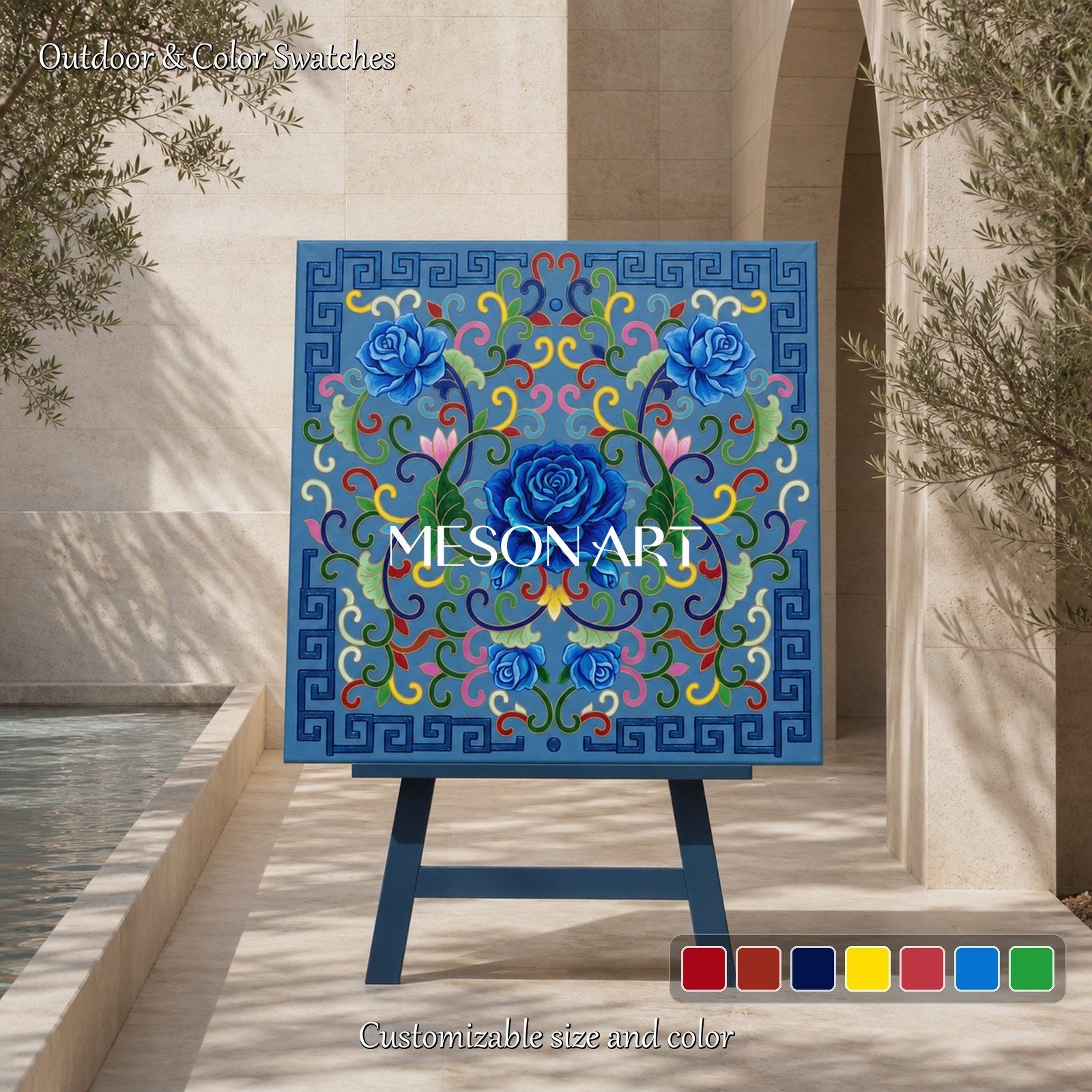 Blue And Gold Persian Floral Geometric Wall Art Square Original Artist Hand Painted By Mesonart