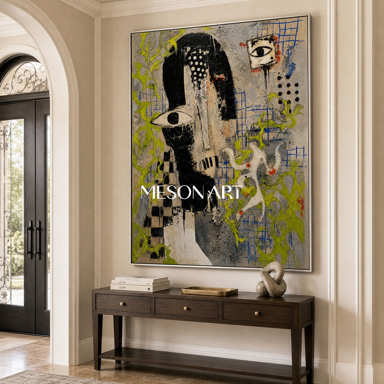 Urban Graffiti Portrait Art With Symbolic Eyes And Green Accents For Modern Loft Decor