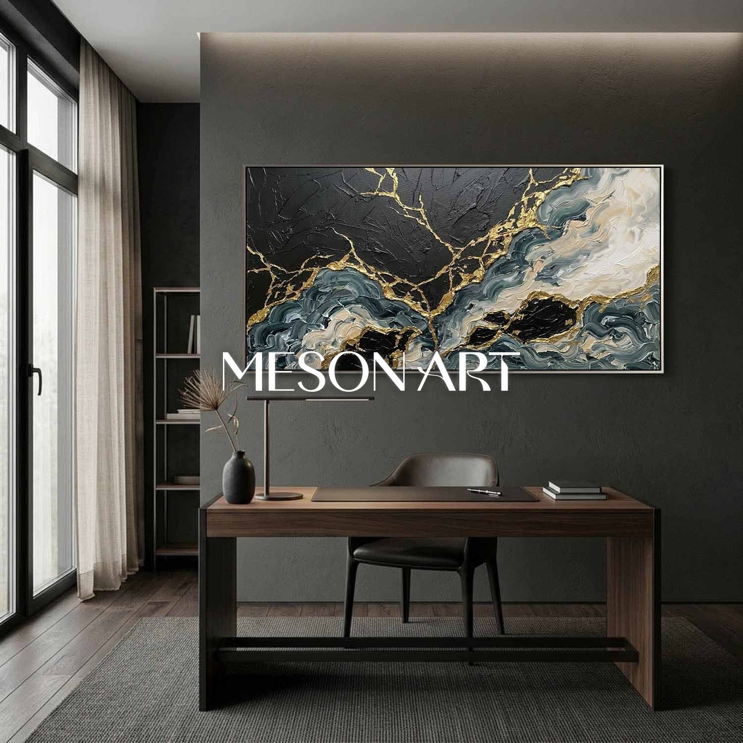 Large Black And Gold Abstract Painting With Plaster Texture For Modern Living Room Decor