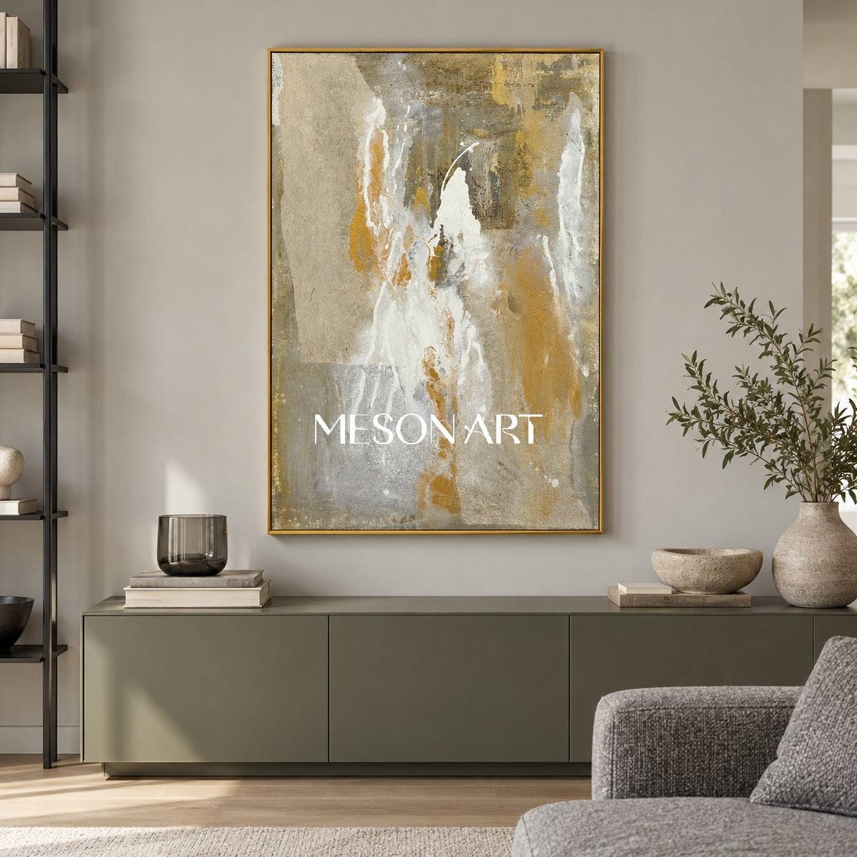 Beige And Gold Abstract Art Original Artist Hand Painted Mixed Media Textured Painting Rectangular Wall Art For Living Room By Mesonart