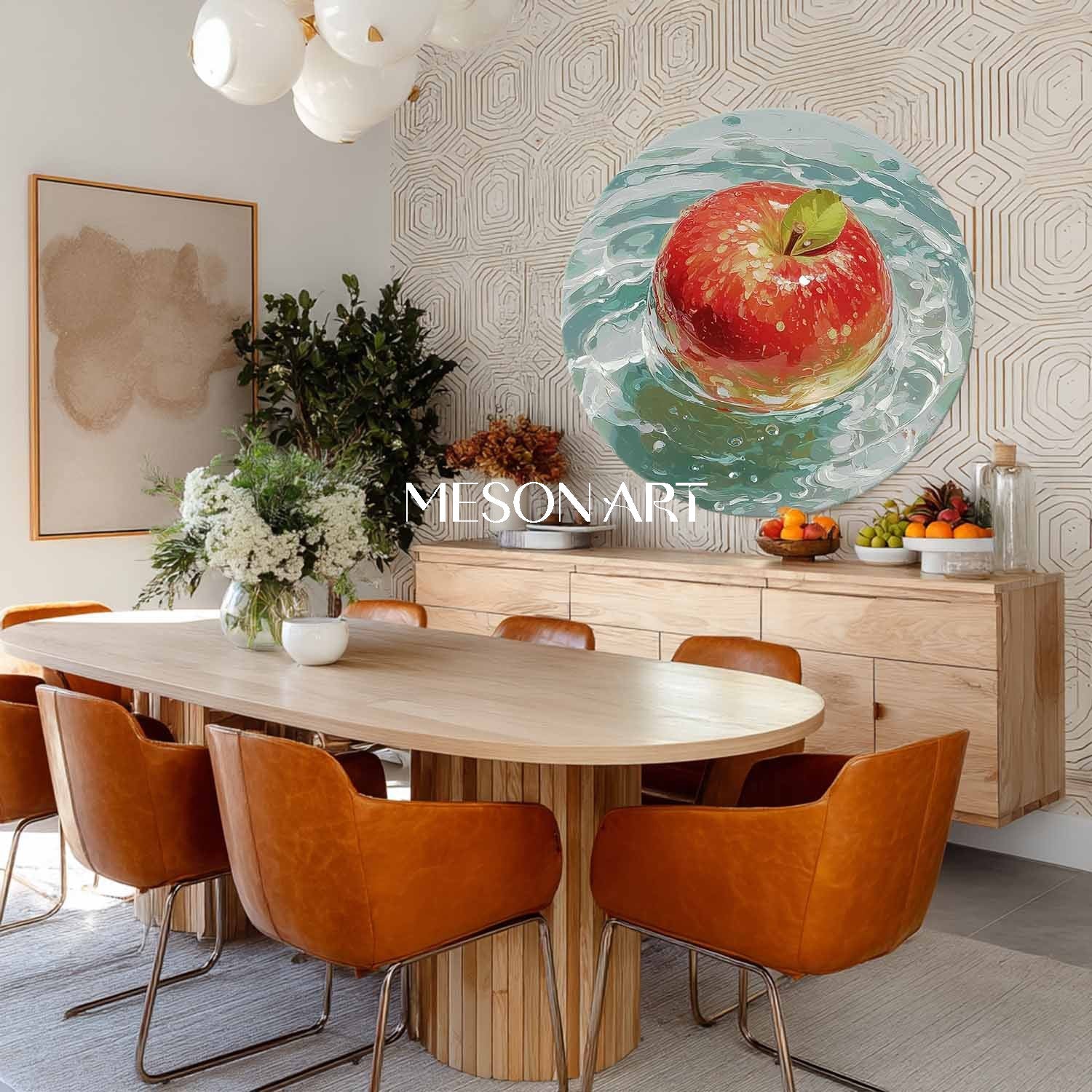 Red Apple Round Canvas Painting – Modern Still Life Wall Art