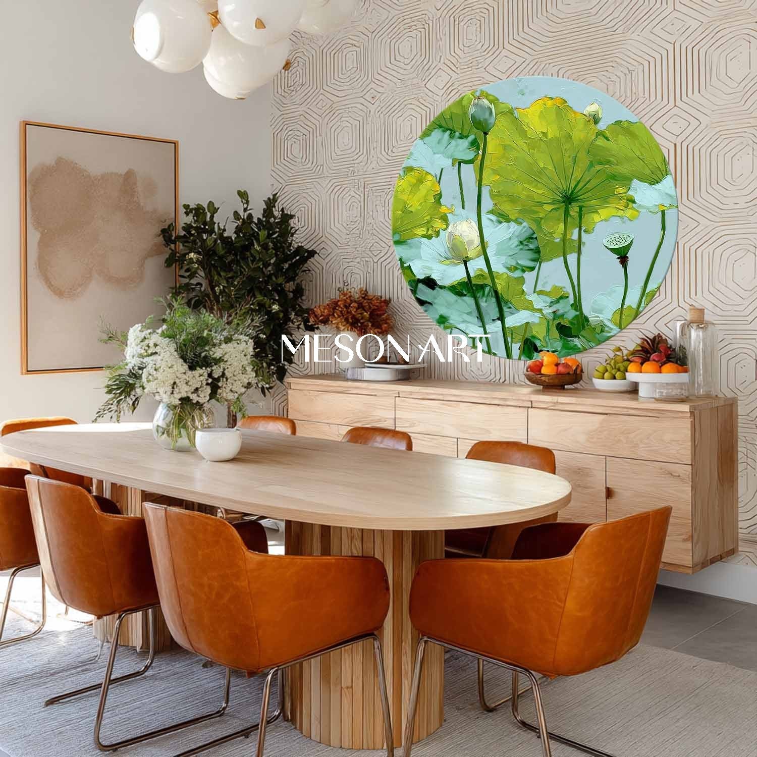 Round Lotus Landscape Canvas – Botanical Wall Art in Greens