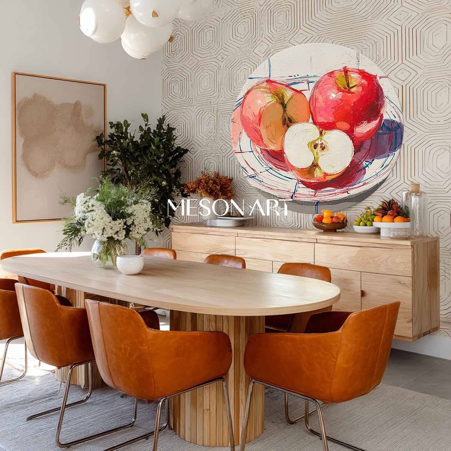 Vibrant Red Apple Still Life – Modern Kitchen Round Oil Painting Wall Art