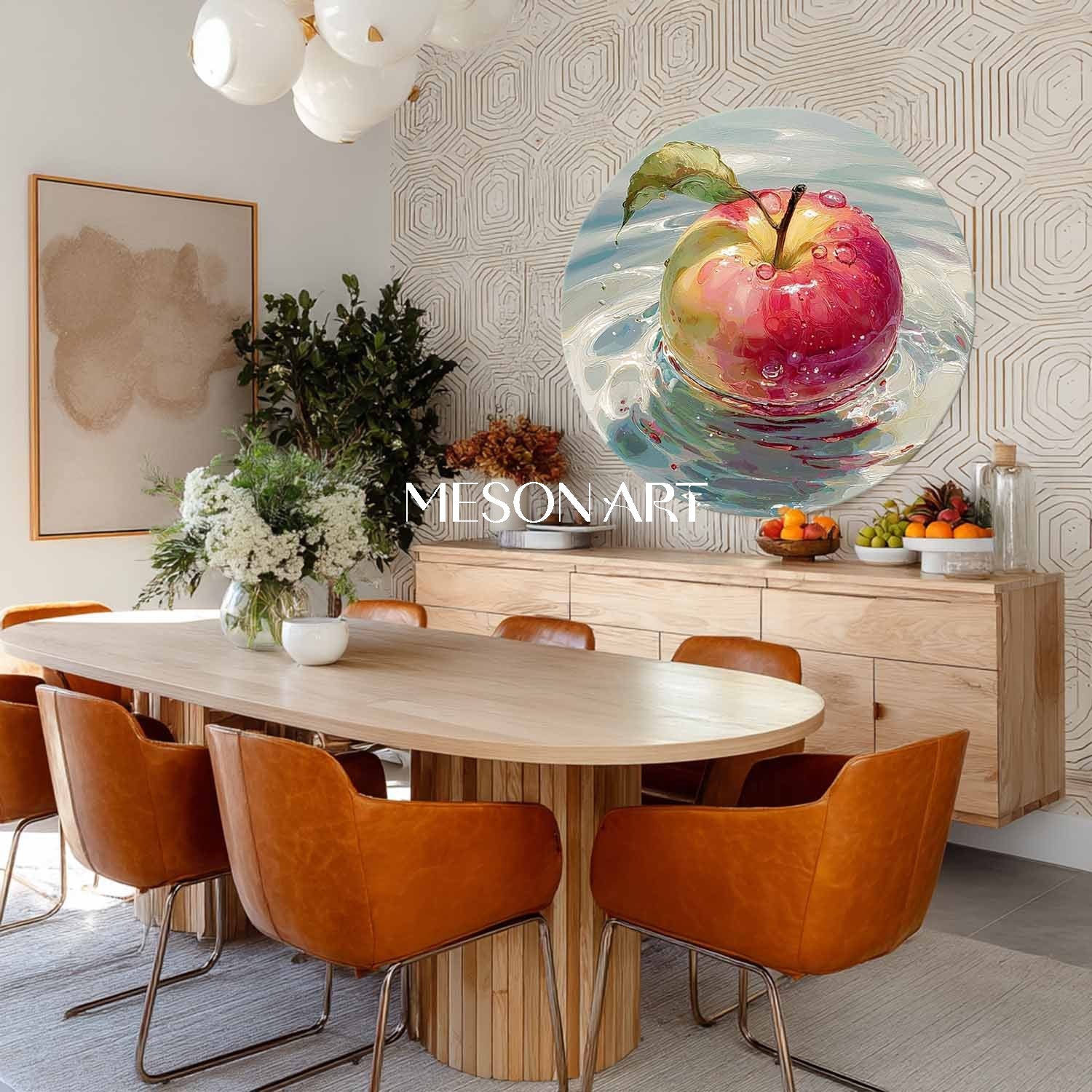 Round Apple Oil Painting on Canvas – Hand-Painted Kitchen Wall Art