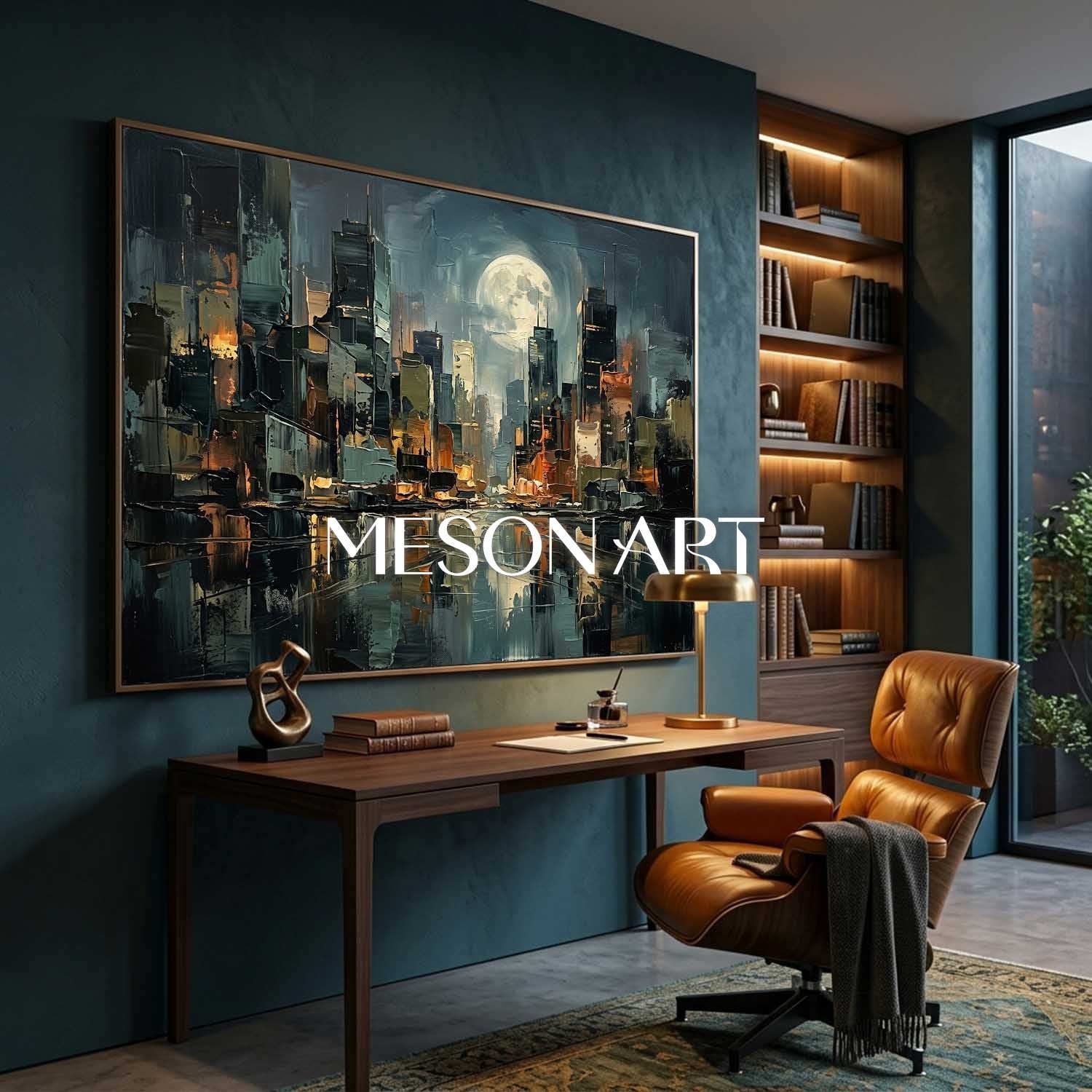 Abstract Cityscape Oil Painting With Textured Plaster Effect For Modern Living Room Decor
