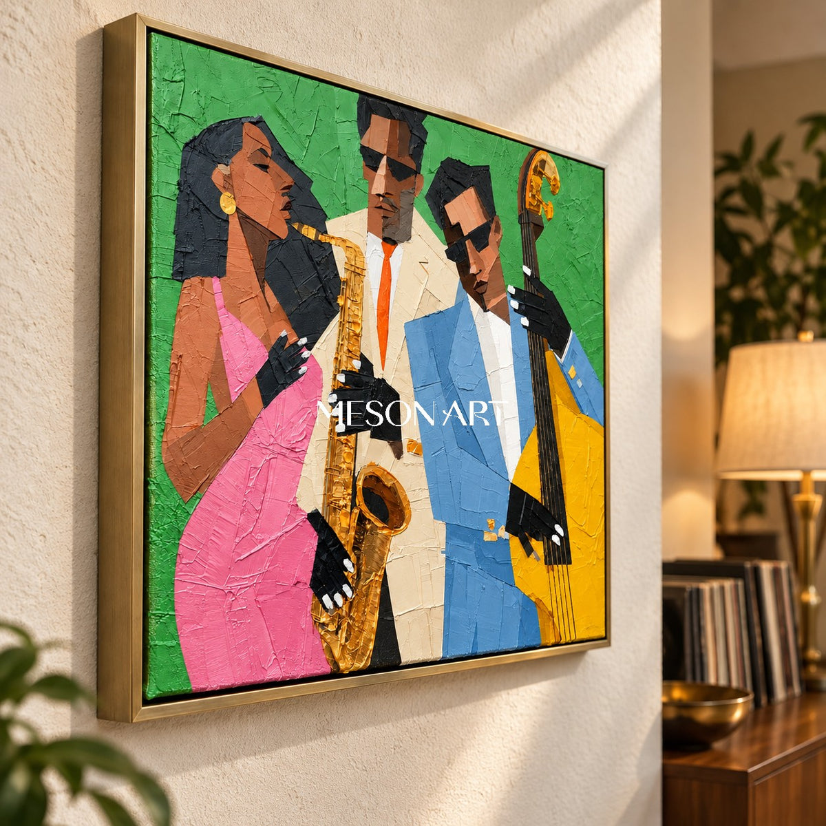 Green And Pink Pop Art Jazz Painting Modern Figurative Geometric Textured Musical Rectangular Wall Art By Mesonart