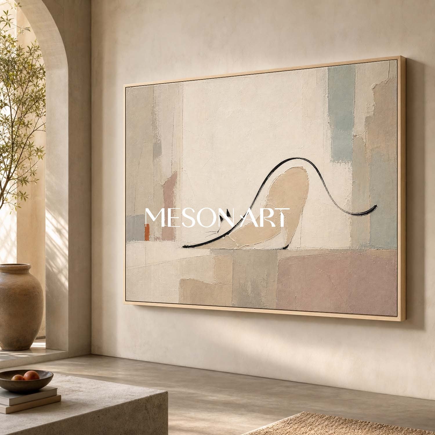 Minimalist Cat Abstract Painting In Beige And Grey For Modern Living Room Decor