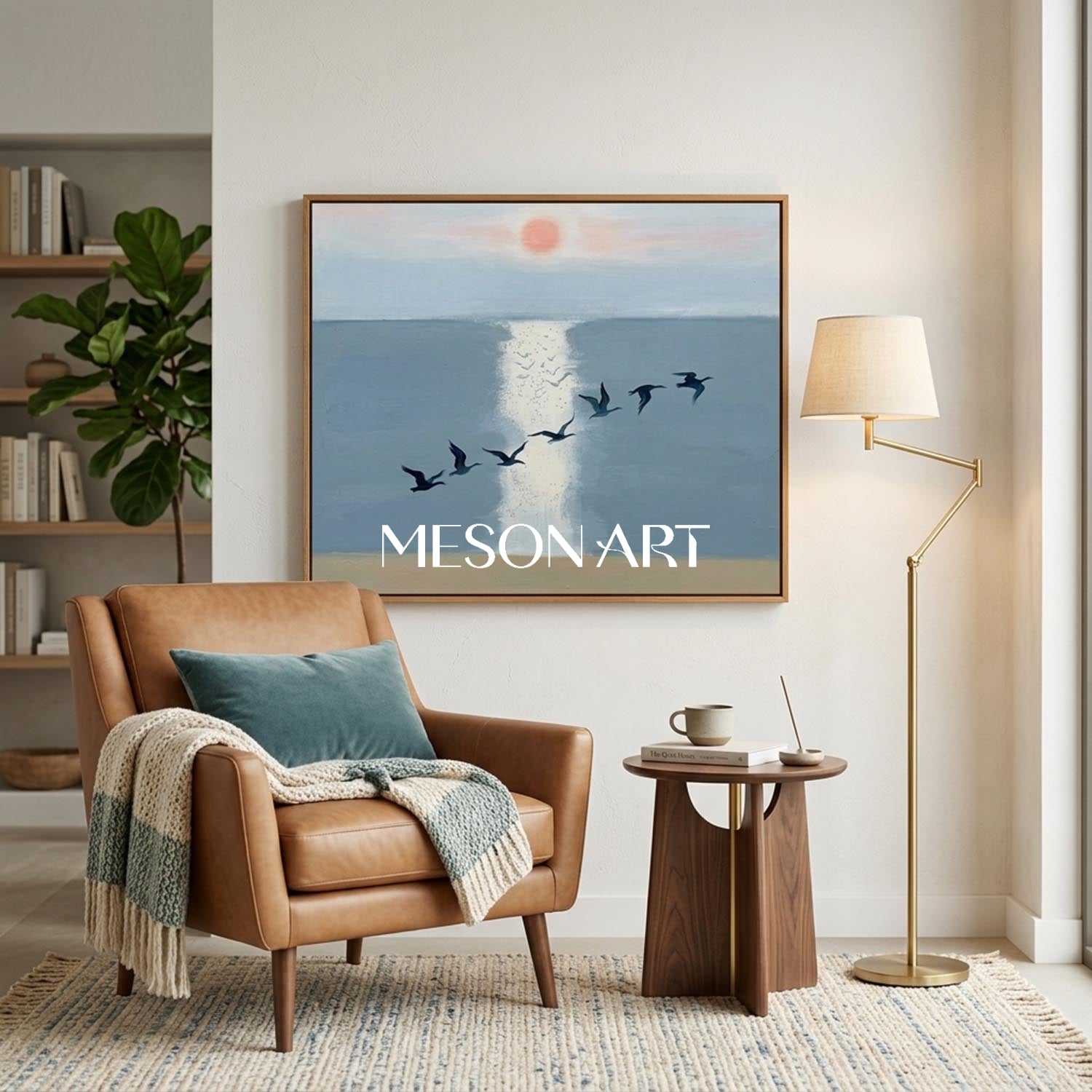 MesonArt Large Blue Sea Birds Canvas Wall Art for Modern Living Room